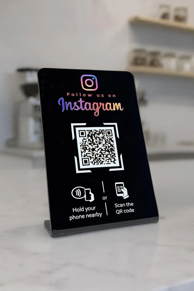 Aufsteller für Instagram mit QR-Code und NFC-Chip (Englisch) 16,5 x 10,5cm - schwarz