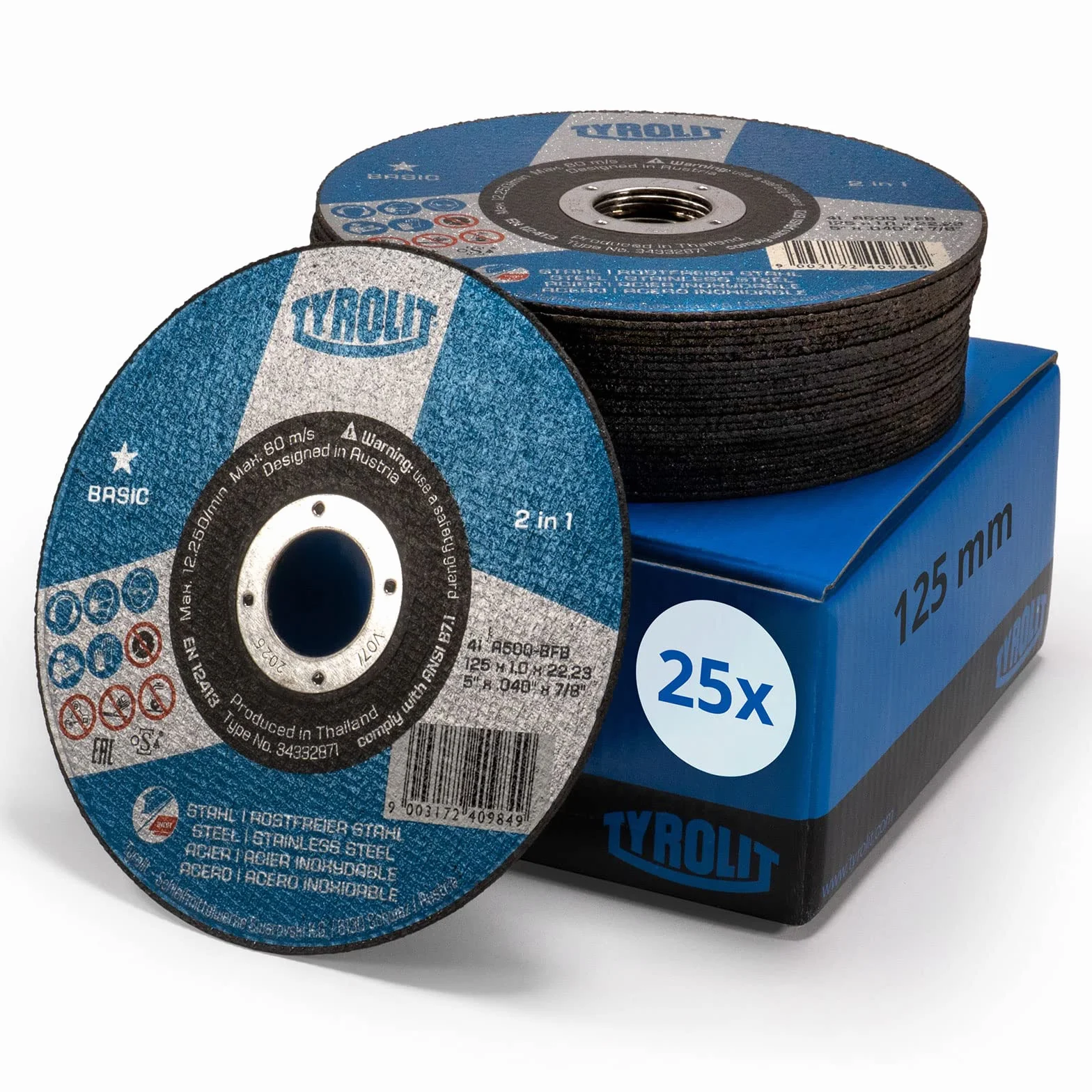 Tyrolit 25x Basic Trennscheiben 125 mm x 1mm x 22,23 mm A60Q | Trennscheiben für Metall, Stahl & Edelstahl I Extradünn für schnelles & gratarmes Trennen von Blechen oder Rohren | hohe Standzeit