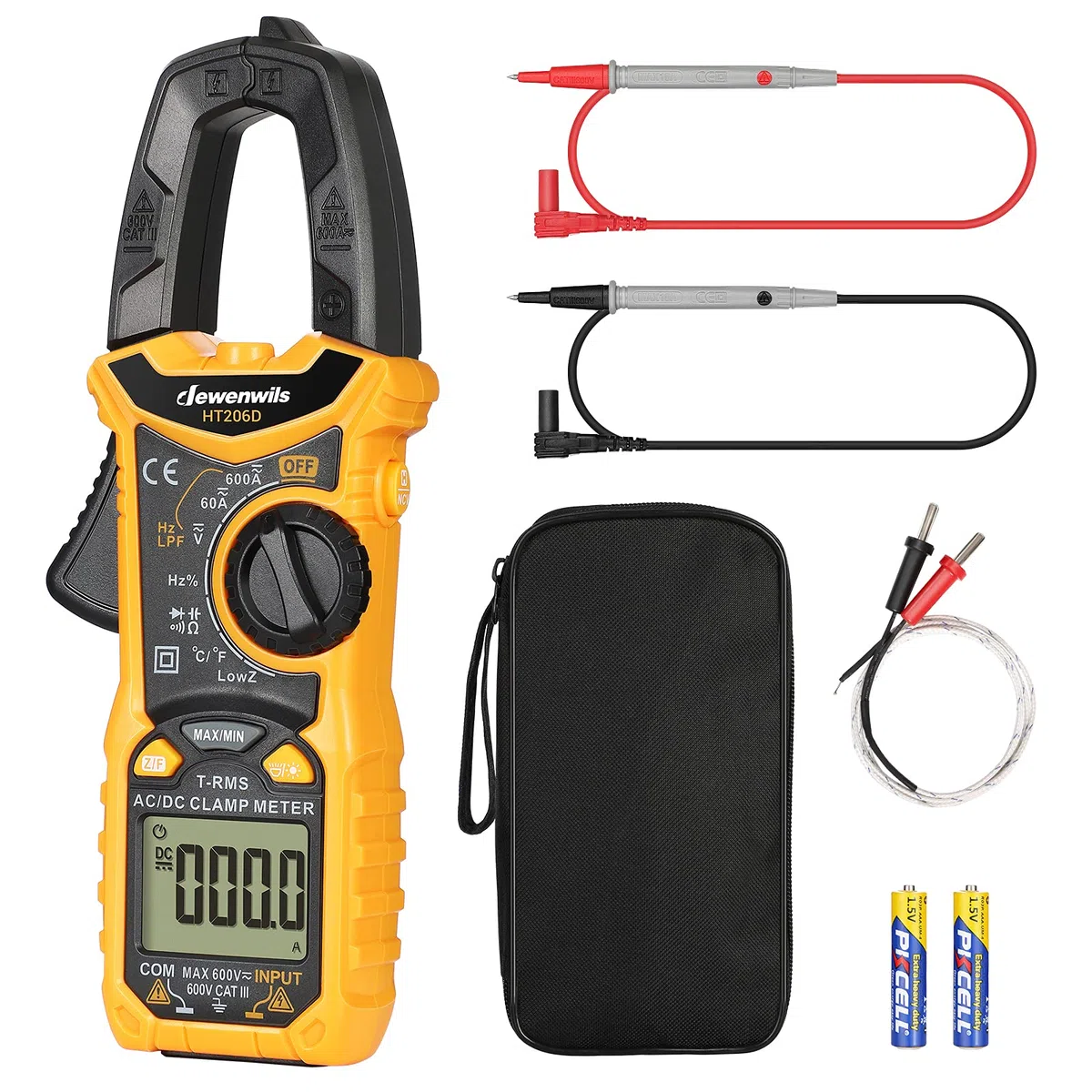 DEWENWILS Stromzange, 6000 Counts Strommesszange 600A AC/DC, Amperezange True RMS CAT III 600 V Auto-Ranging NCV, für AC/DC Spannung/Strom/Widerstand/Kapazitanz/Temperatur Messung