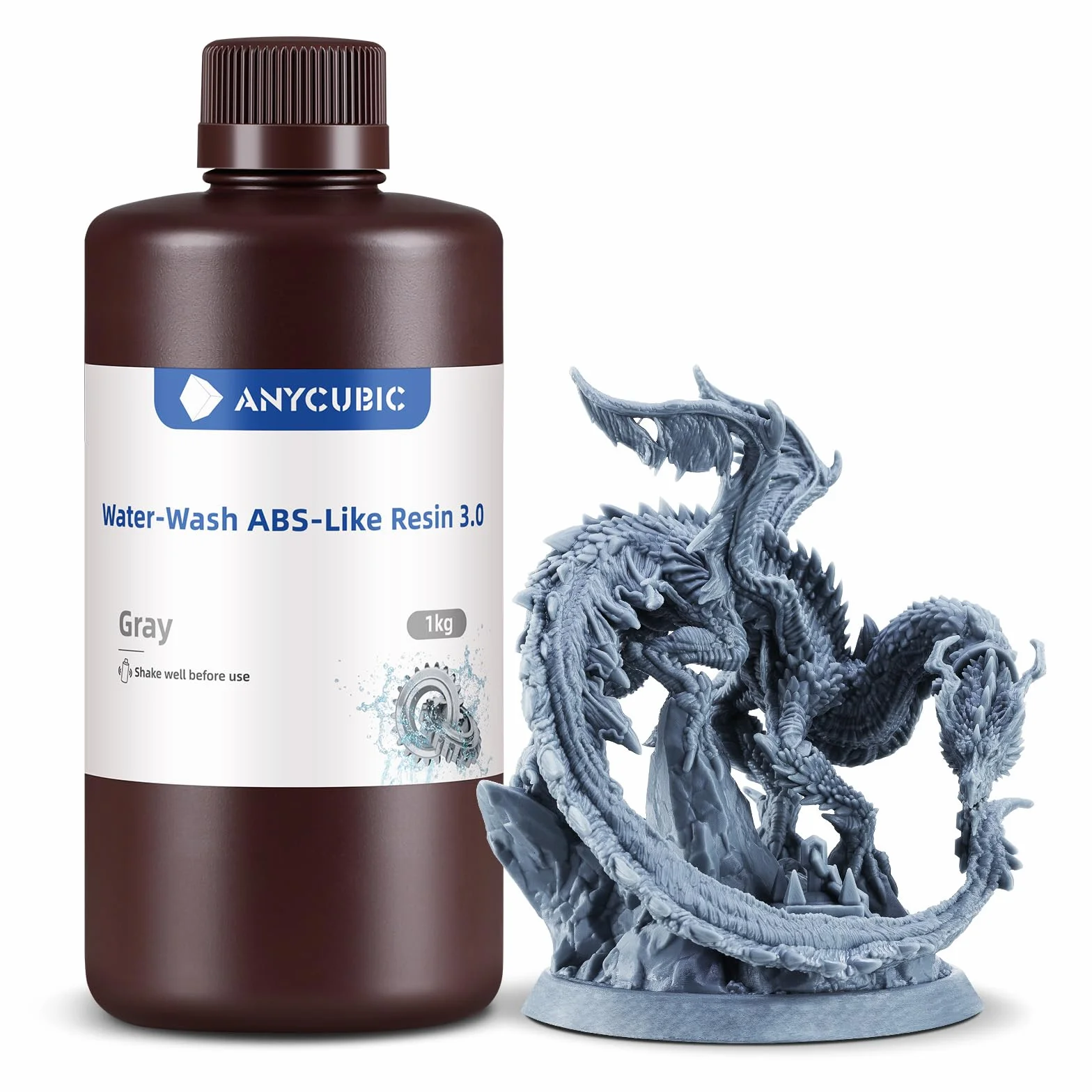 ANYCUBIC Wasser Waschbares ABS-Like Resin 3.0, 3D Drucker Resin mit Hohe Festigkeit und Zähigkeit, Geruchsarm, Hochpräzises 405nm UV-härtendes Harz für alle Harz 3D Drucker, Grau 1000g