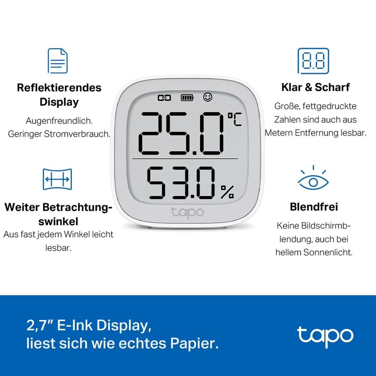TP-Link Tapo T315 Smart Home Temperatur und Luftfeuchtigkeitsmesser,digitales Thermo-Hygrometer Innen, Raumthermometer mit 2.7'' E-Ink Display, Hochpräzisionssensor, Hub erforderlich