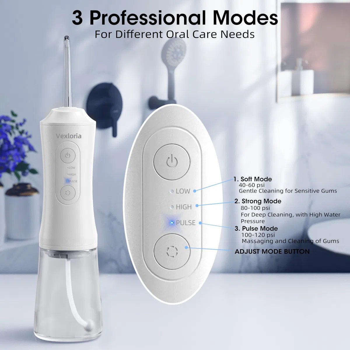 Vexloria Munddusche Kabellos, Elektrische Zahnreiniger Tragbar IPX7 Water Flosser 3 Modi & 4 Düsen, 300ML Zahndusche Oral Munddusche Testsieger für Entfernt Speisereste und Reinigt Die Zähne (Weiß)