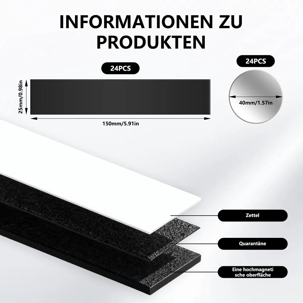 24 Stück Magnetstreifen Magnetklebeband Selbstklebend Stark 150x25x2xmm, 24 Stück Metallplättchen Selbstklebend Set 40mm,Zuschneidbar,mit Kleberückseite