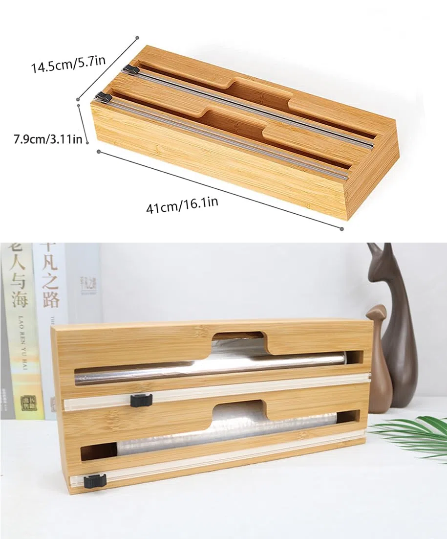 Folienschneider Küche Schublade Kompatibel mit 15" Rollen, 2 in 1 Frischhaltefolienspender Pergamentpapier Folienspender, Küchenverpackungsorganisator Aus Bambusmaterial, Robust und Langlebig
