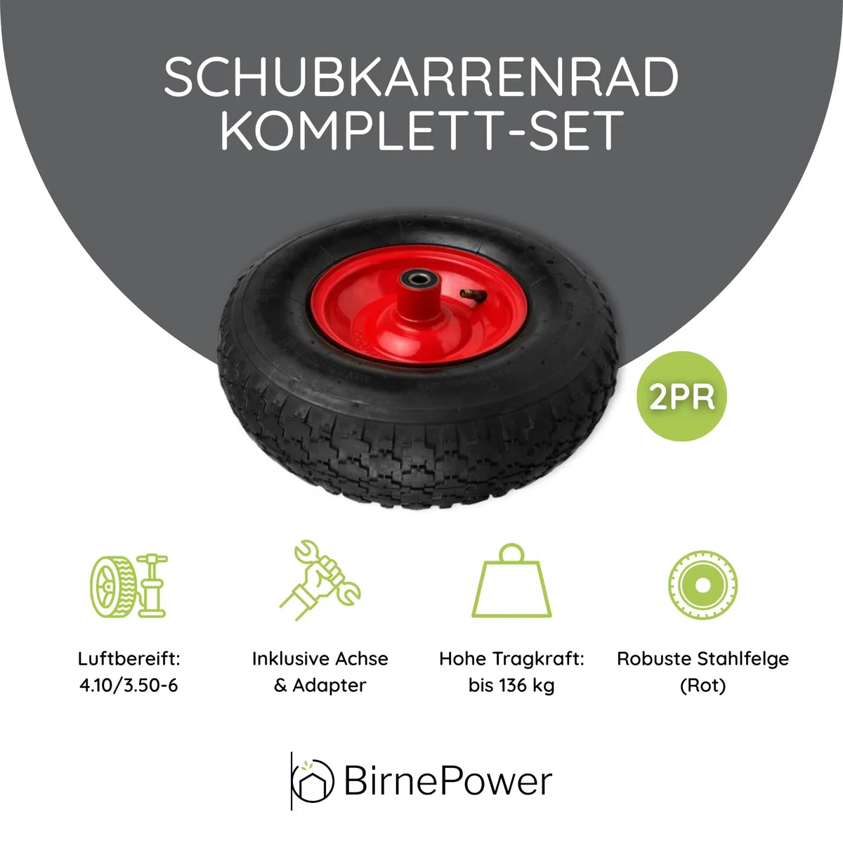 BirnePower Schubkarrenrad Rad Räder Ersatzrad Luftrad Felge rot 4.10/3.50-6 2PR mit Achse Luftbereift