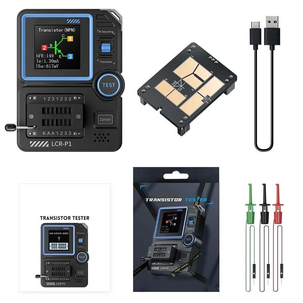 LCR-P1 Komponententester, automatische Identifizierung für Transistoren, MOSFET-Kondensatoren, LCR/ESR-Messgerät mit Grafik-LCD- und USB-Export, 5 V/1 A Aufladung