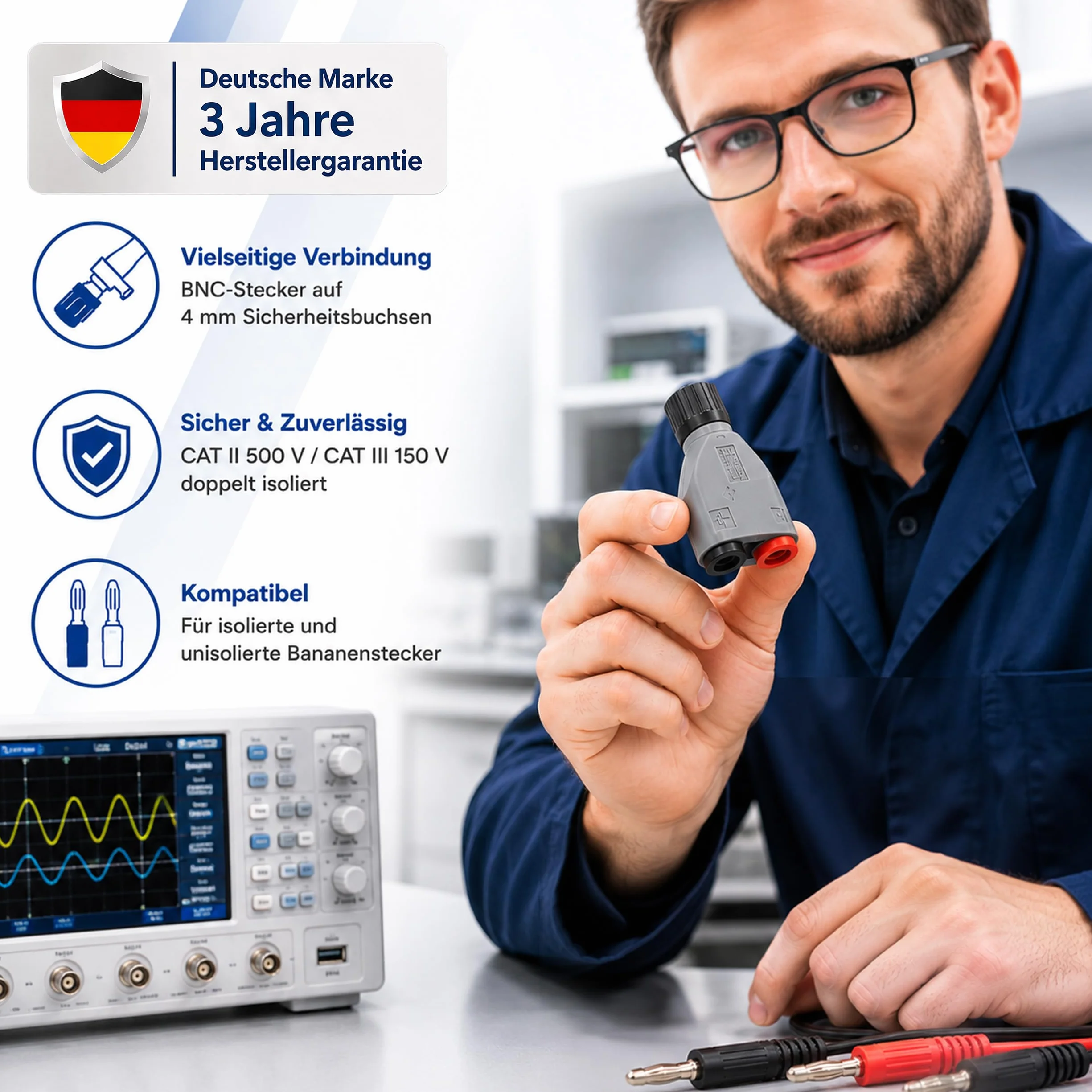 PeakTech 7055 - BNC zu 4mm Adapter Stecker für Oszilloskope, berührungssicher