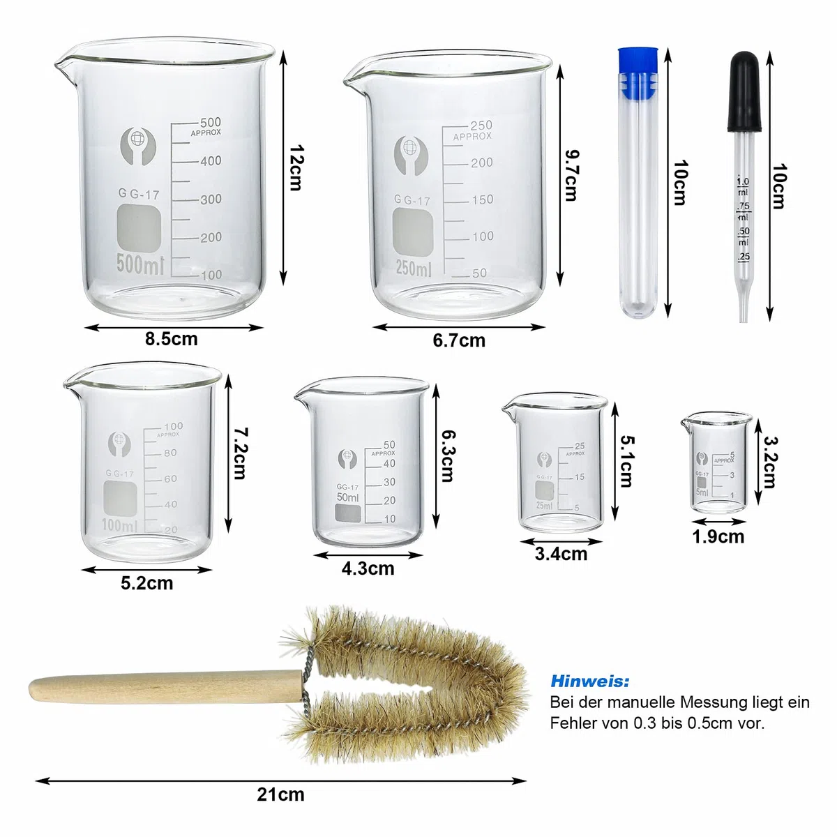 Episkey Becher Laborglas Messbecher 500 ml 250 ml 100 ml 50 ml 25 ml 5 ml Borosilikatglas, 4 Stück 1 ml Glas-Tropfpipette und Aufbewahrungsröhrchen, 1 Stück Becherpinsel (6)