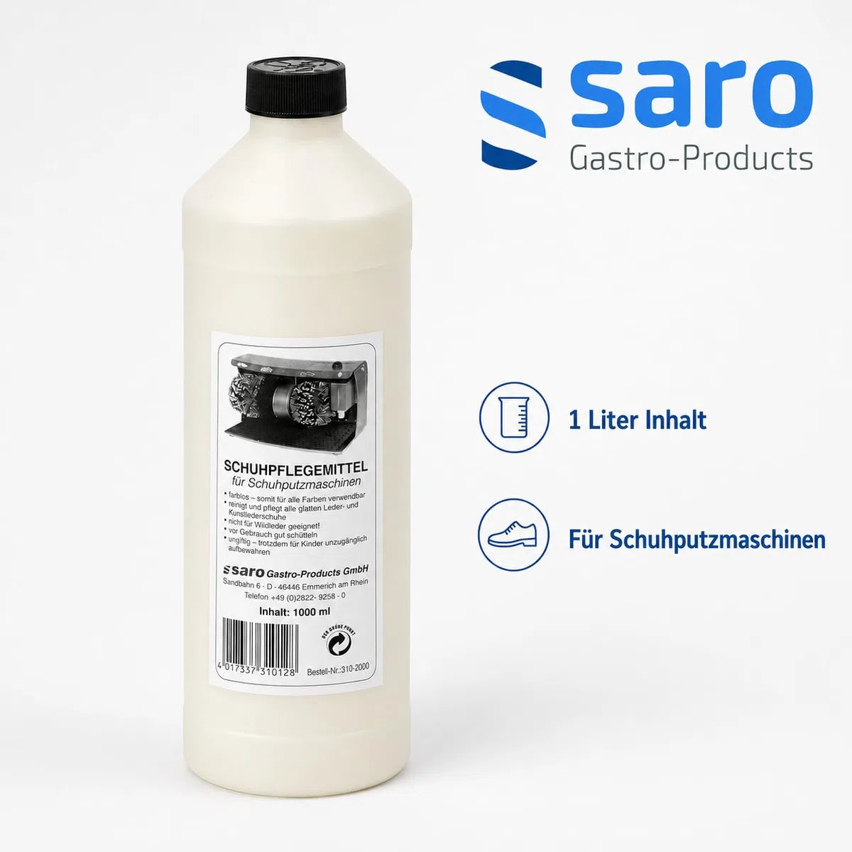 SARO Flüssige Schuhcreme – 1 L – Pflege & Glanz für Arbeitsschuhe, Berufsschuhe & Uniformen – Für gewerblichen Einsatz - Für Glattleder