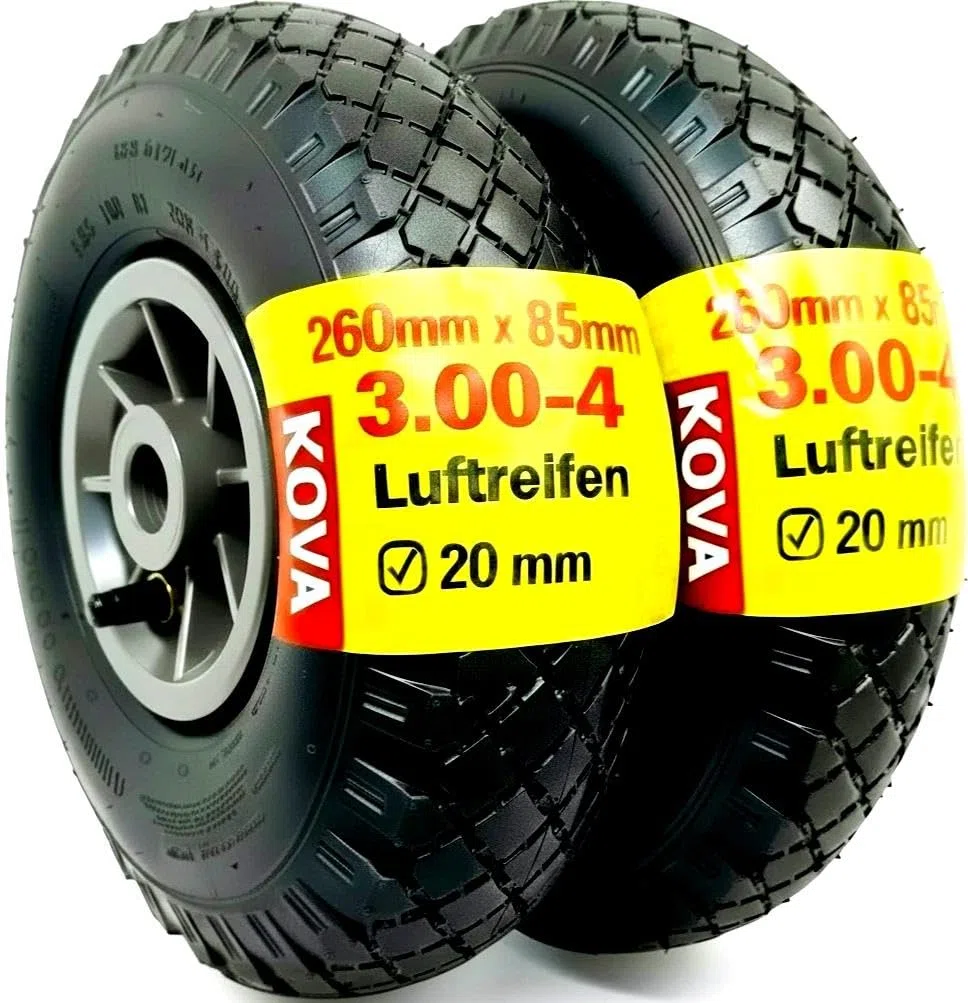 KOVA® 2X Sackkarrenrad LUFTBEREIFT 3.00-4, 260x85mm, Nabe Ø20×75, Reifen mit Schlauch & Rad Sackkarre Bollerwagen Luftreifen Ersatzrad Sackkarren Räder Rollenlager Luftrad Winkelventil Schw/Grau, L