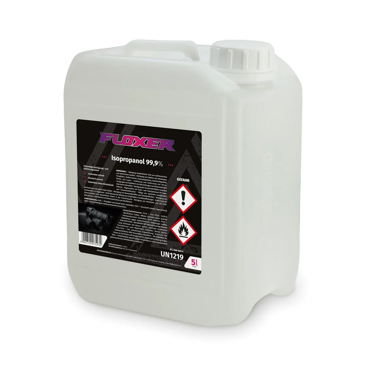 FLOXER Isopropanol 99,9% 5L – IPA Isopropylalkohol & Reinigungsalkohol. Hochreines Lösungsmittel gegen Fett, Öl, Harz, Klebereste. Universeller Entfetter für Elektronik, Werkstatt & Haushalt.