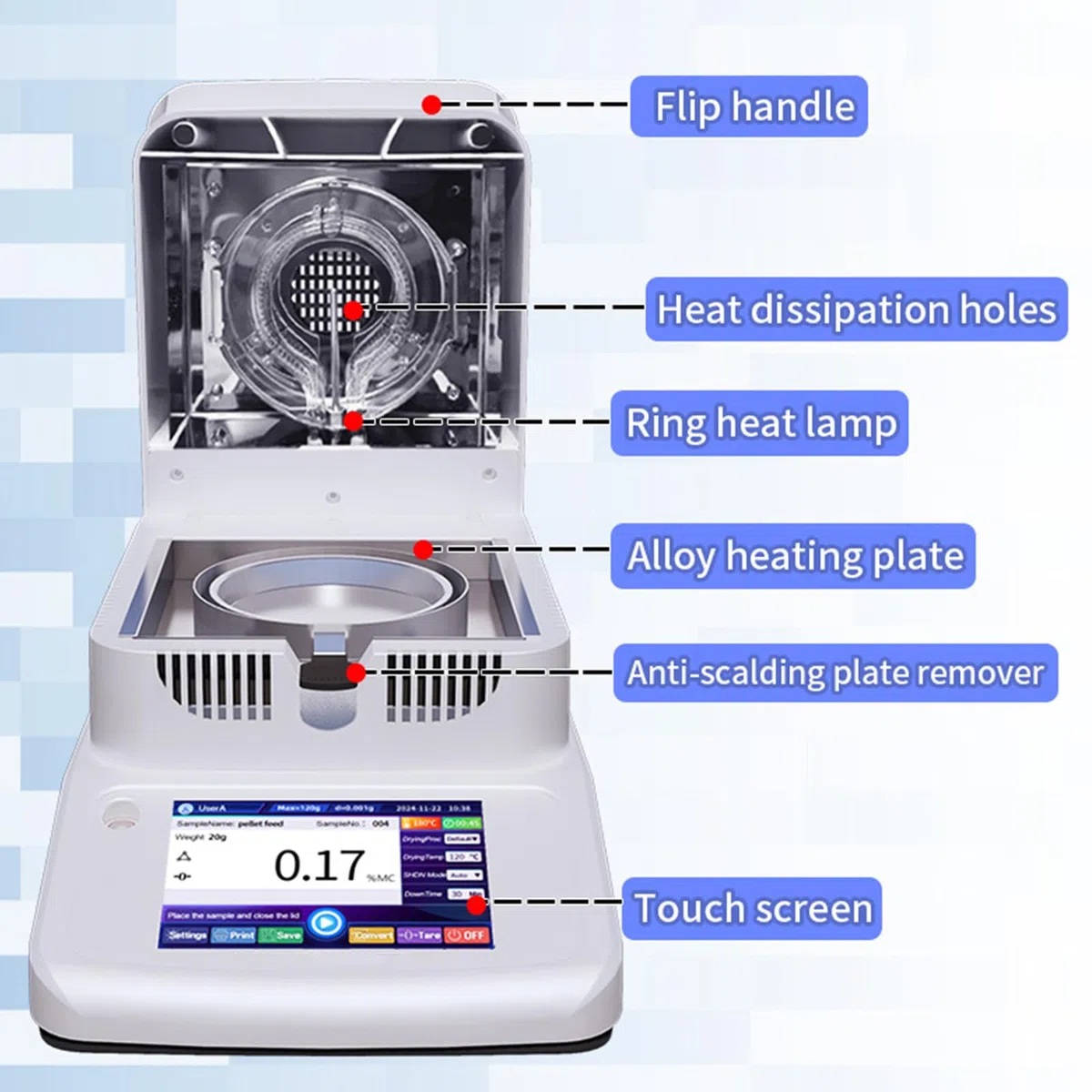 Digitaler Feuchtebestimmer, Halogen-Feuchtebestimmer, Hohe Genauigkeit 0,001 G, hocheffiziente Halogenlampenheizung, für Gummi/Tee/Getreide/Lebensmittel Accuracy0.005g