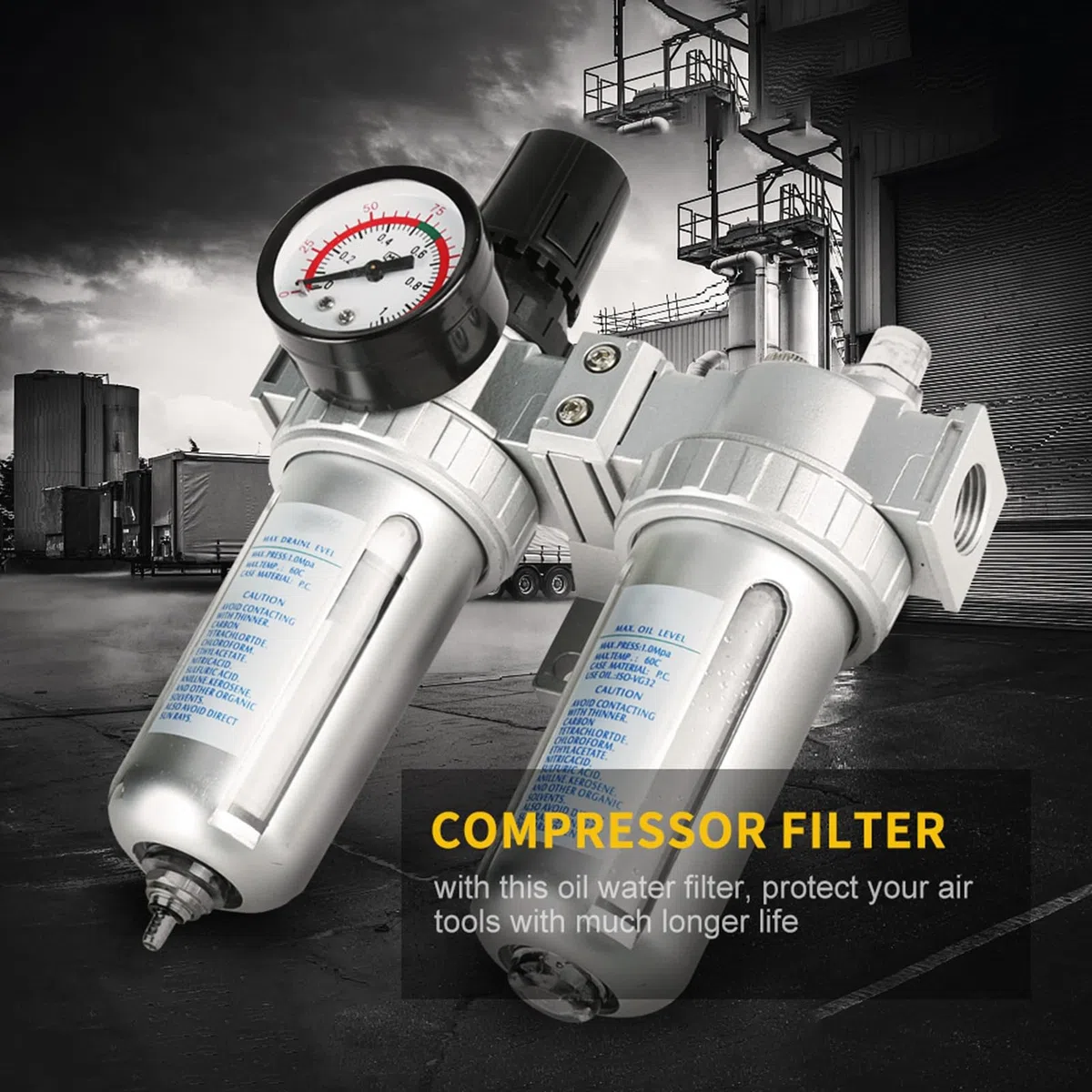 Druckminderer Druckluft, 1/2 Zoll Öl Wasser Regulator mit Manometer, Aluminiumlegierung Luftfilterregler Pneumatischer Druckluftfilterregler, für Druckluftkompressor