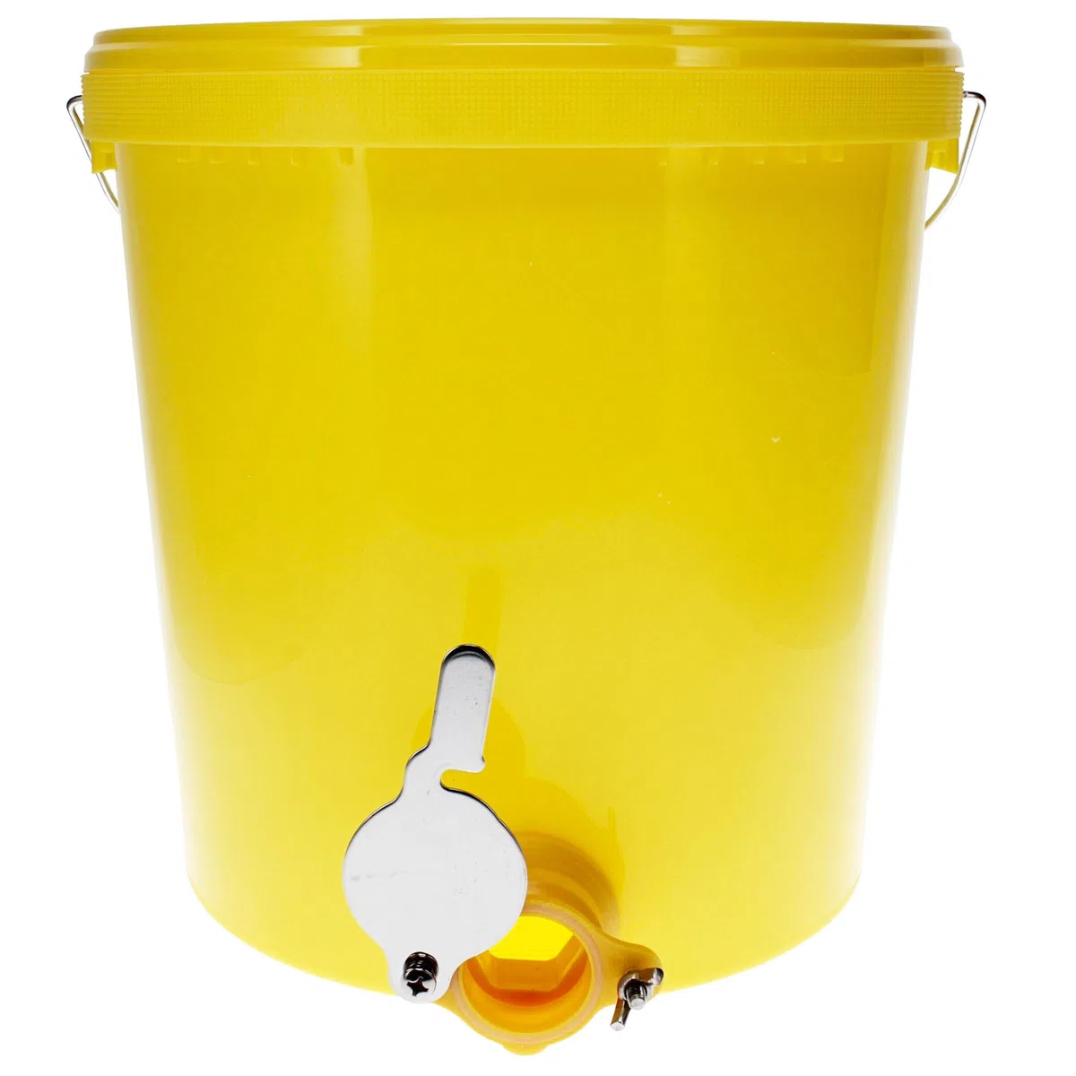 Abfülleimer 25kg mit Quetschhahn zum einfachen und schnellen Abfüllen des geschleuderten Honigs. Ideal auch für Jungimker die erst kleine Mengen zum abfüllen haben.