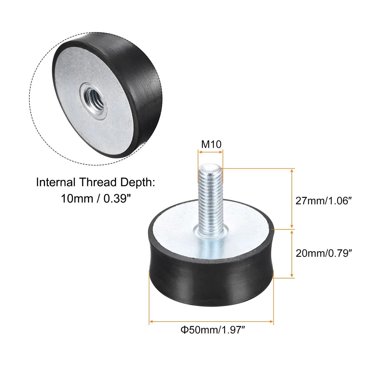 sourcing map 4Stk. Gummilager M10 Außen-/Innengewinde Schwingungsisolator Stoßdämpfer D50mmxH20mm