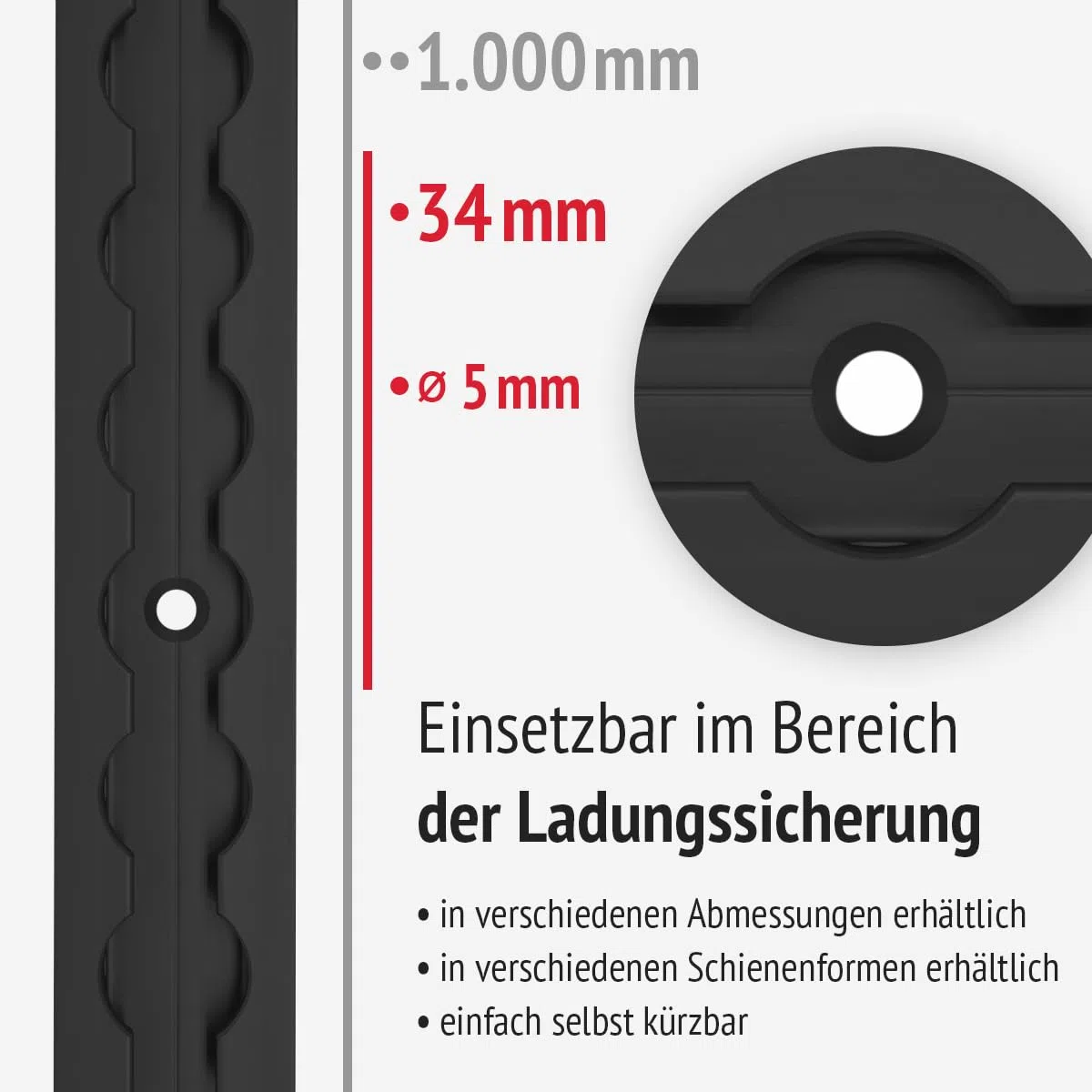 Airlineschienen mit Endkappen und Fittingen, 1.0 m, schwarz KTL-beschichtet, gebohrt, eckig, 34 x 9,6 mm | Zurrschiene | für Transporter, Wohnwagen, Sprinter (Starterset 2.4)