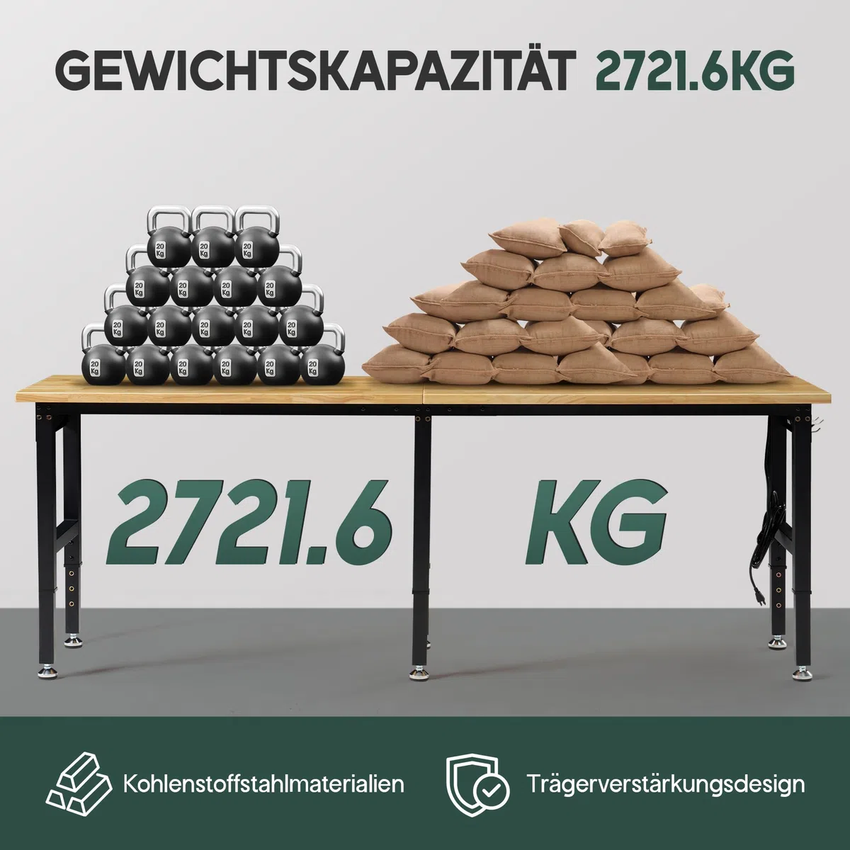 LUXOAK 183x61 cm höhenverstellbarer Werkbank mit Steckdosen, 2722 kg belastbare Holzwerkbank mit Haken, massiver Gummiholz-Arbeitsplatte für Garage, Werkstatt, Holzbearbeitung und Home-Office