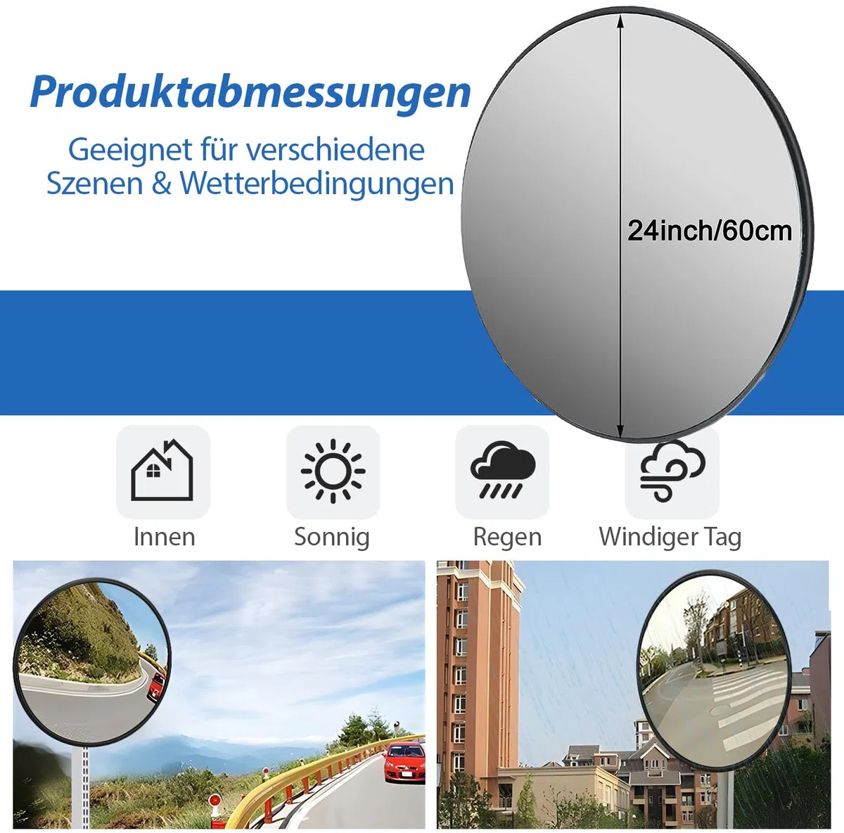 60 cm Konvexspiegel Schwarz – Verstellbarer Verkehrsspiegel für Innen- & Außenbereich – Weitwinkel Acrylspiegel für Garage, Einfahrt, Straße, Lager & Büro (60cm-Schwarz)