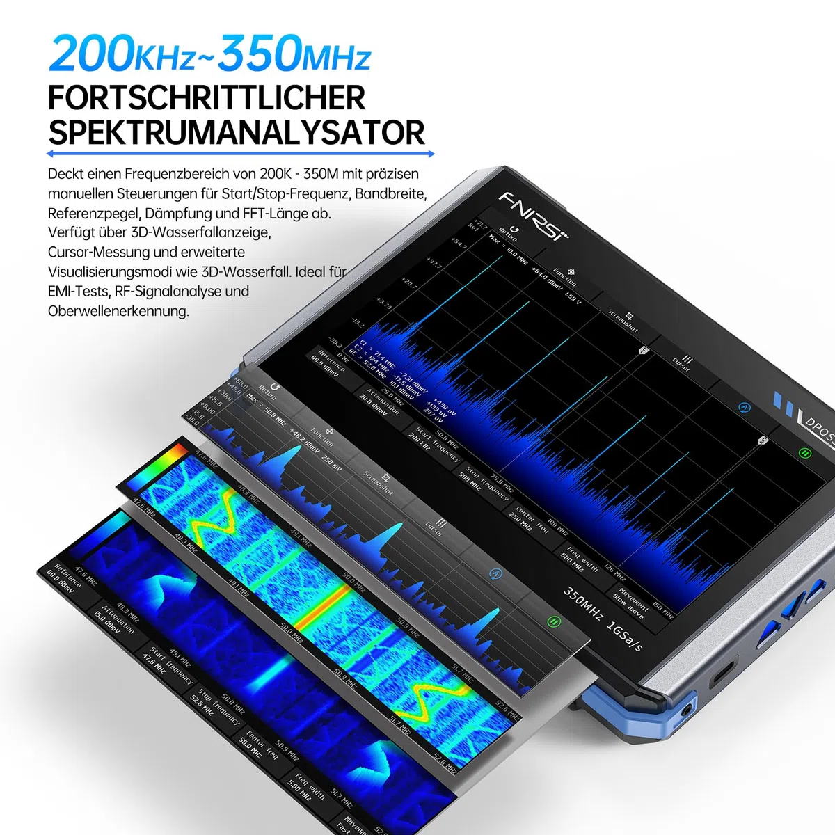 FNIRSI DPOS350P 4-in-1 Tablet-Oszilloskop 350 MHz, Spektrumanalysator 200 kHz – 350 MHz, Frequenzganganalysator DDS-Generator, 2-Kanal-Handoszilloskop 1 GSa/s, 7-Zoll-Touchscreen, digitaler Phosphor