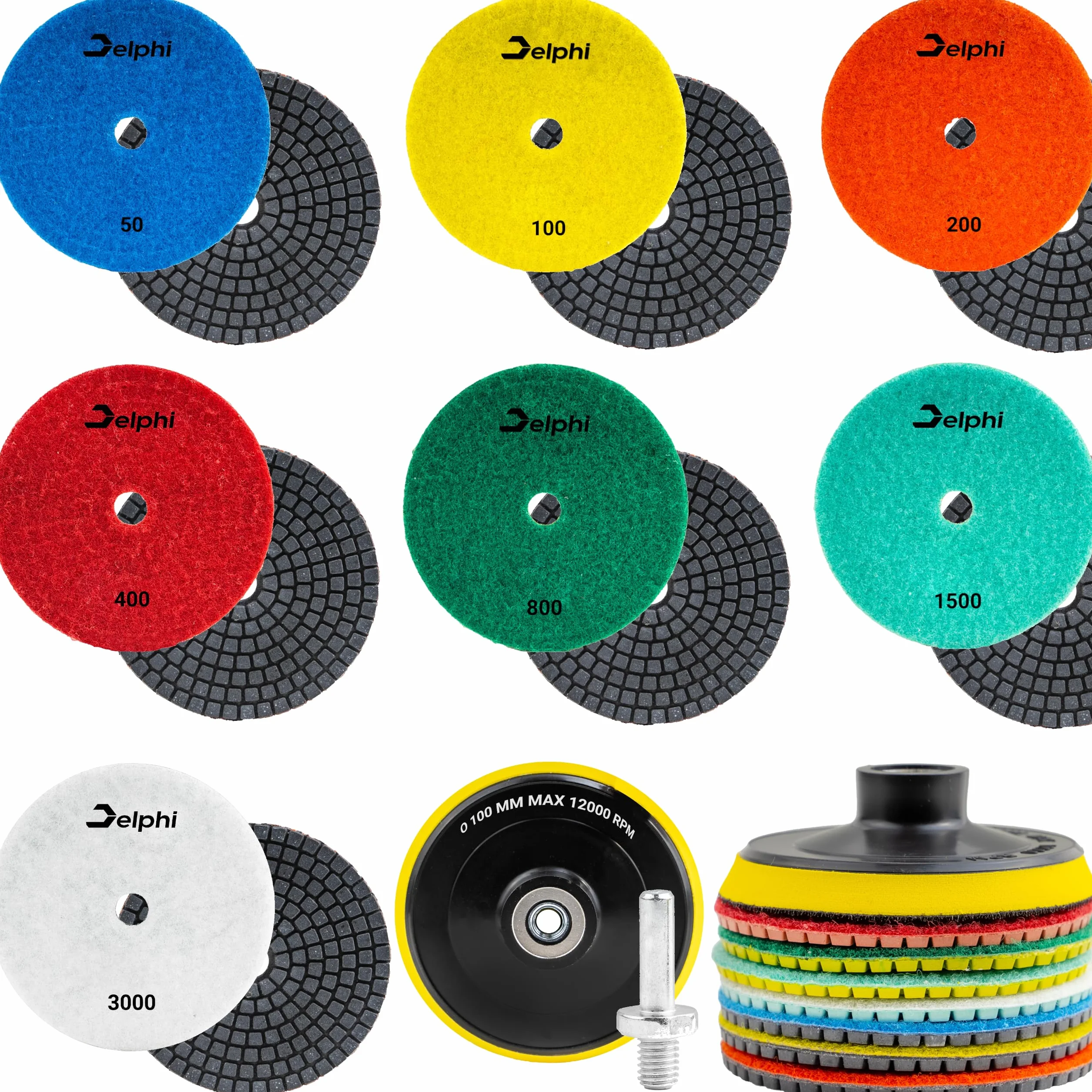 DELPHI Nass Diamant Schleifscheibe Polierset 7 Stück Diamantscheiben Set 100mm zum Schleifen Polieren von Feinsteinzeug, Keramik Körnung 50-3000 mit Wollpad M12-Adapter und Schutzhandschuhe