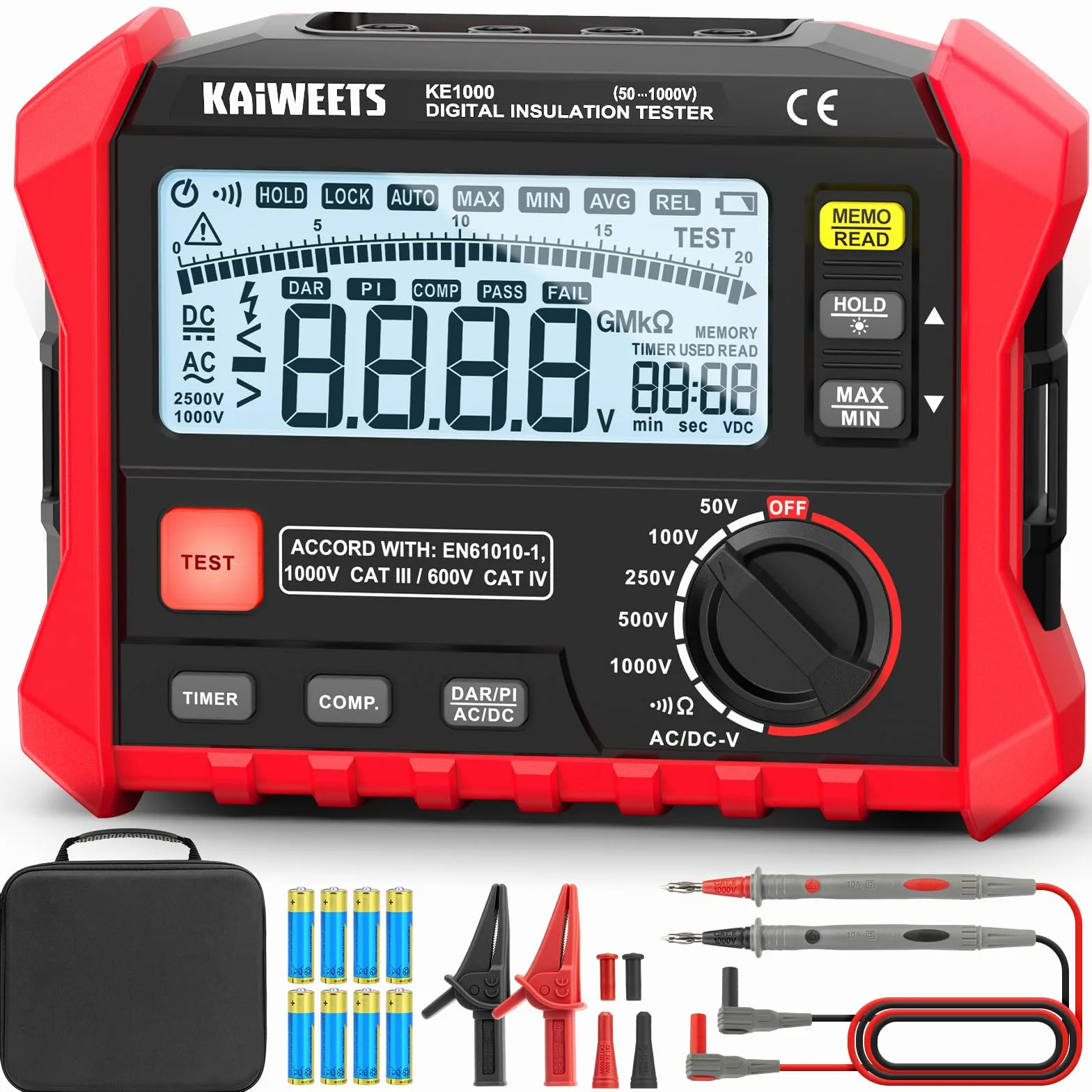 KAIWEETS Isolationsmessgerät, Isolationswiderstandsmessgerät, bis zu 100 GΩ, 50 V/100 V/250 V/500 V/1000 V, One-Touch-DAR/PI, mit AC/DC-Spannungsprüfung für Motoren, Solar, HLK
