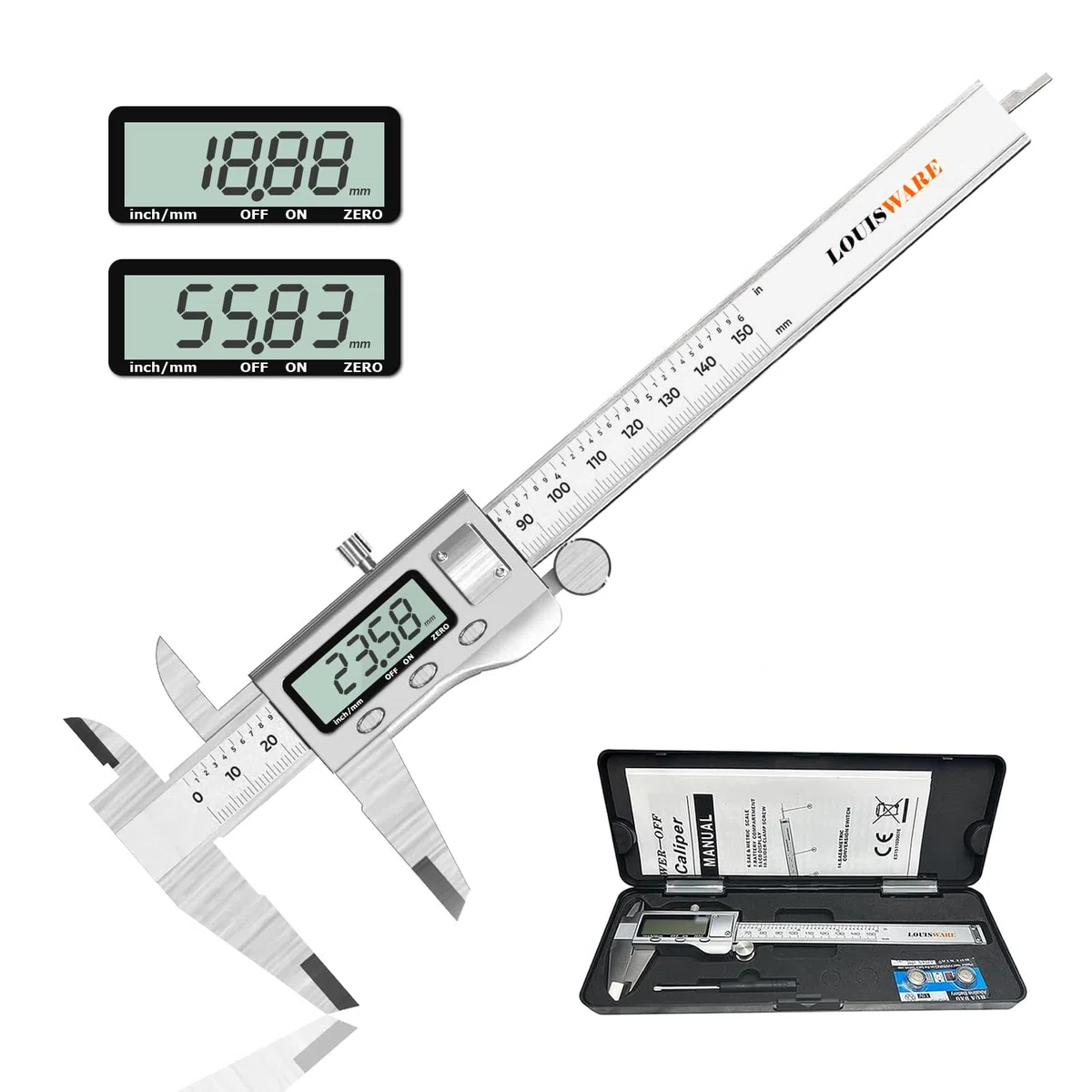 Messschieber Digital Hochpräzise Edelstahl Schieblehre 0-150mm/0-6 Elektronischer Mikrometer-Messschieber Für Innen Außen und Stufenmessungen LED Display Industrielles Testinstrument