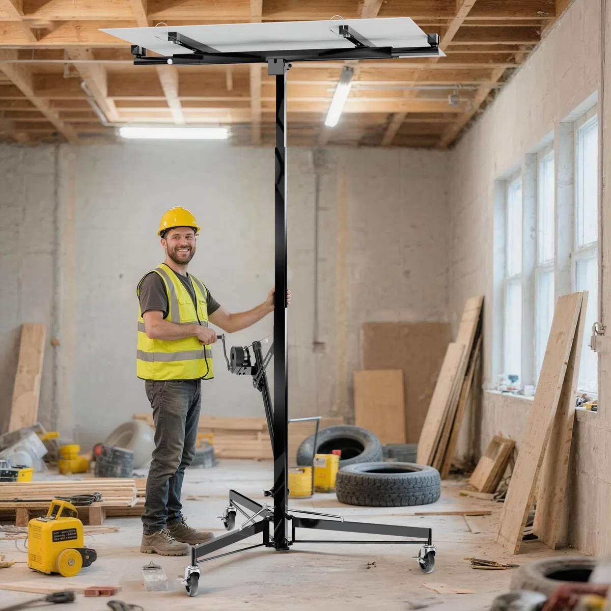 Wiltec XXL Plattenheber bis max. 68 kg, Höhe 140-350 cm, max. Breite 2,90 m, Trockenbau Montagehilfe 1-Mann-Bedienung, 3 Räder mit Feststellbremse, schwarz