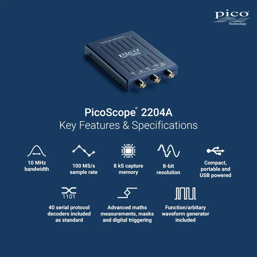 Pico Technology PicoScope 2 Kanal Digitales Oszilloskop 2204A Kit 10 MHz Oszilloskop-Kit inkl. Tastköpfen und PS7 Software für Windows, Mac, Linux mit tragetasche