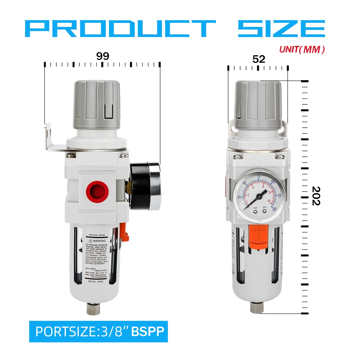 NANPU 3/8" BSP Druckluft Filterregler - 5 μm Messingfilterelement, Manometer (0-10 bar), Poly-Schale, Halbautomatisches Ablassen, Halterung