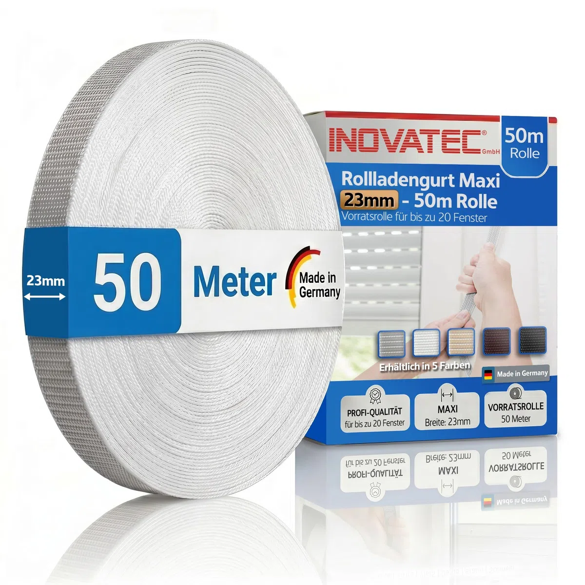 INOVATEC Rollladengurt Maxi 23mm – 50m Rolle – Reißfest & UV-beständig mit Perlon-Kantenschutz – für Fenster & Türen – passend für alle Maxi-Gurtwickler – Grau