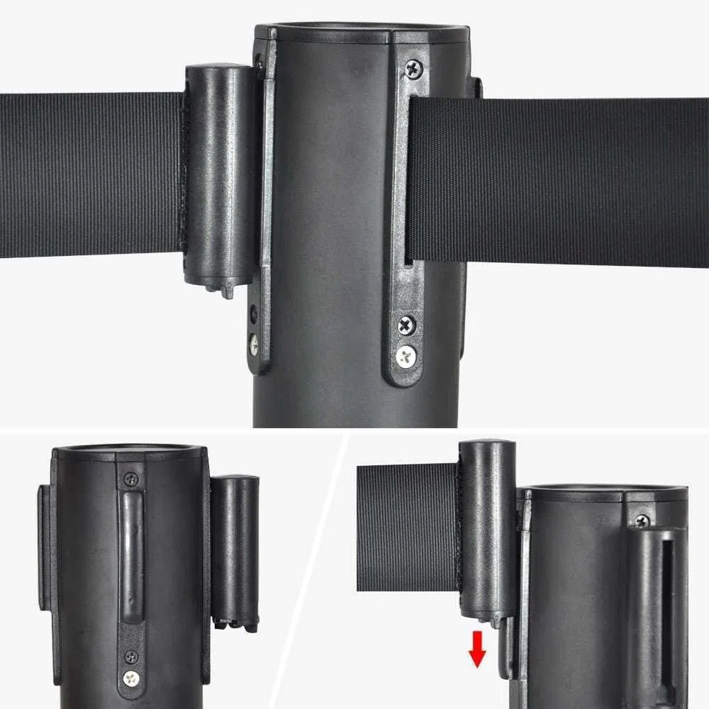 6 Stück TEGO PRO Absperrständer mit je 2 m x 48 mm einziehbarem Gurtband schwarz, Personenleitsystem Absperrband, Abgrenzungspfosten, Absperrpfosten für Flughäfen, Ausstellungen/Messen, Hotel usw.