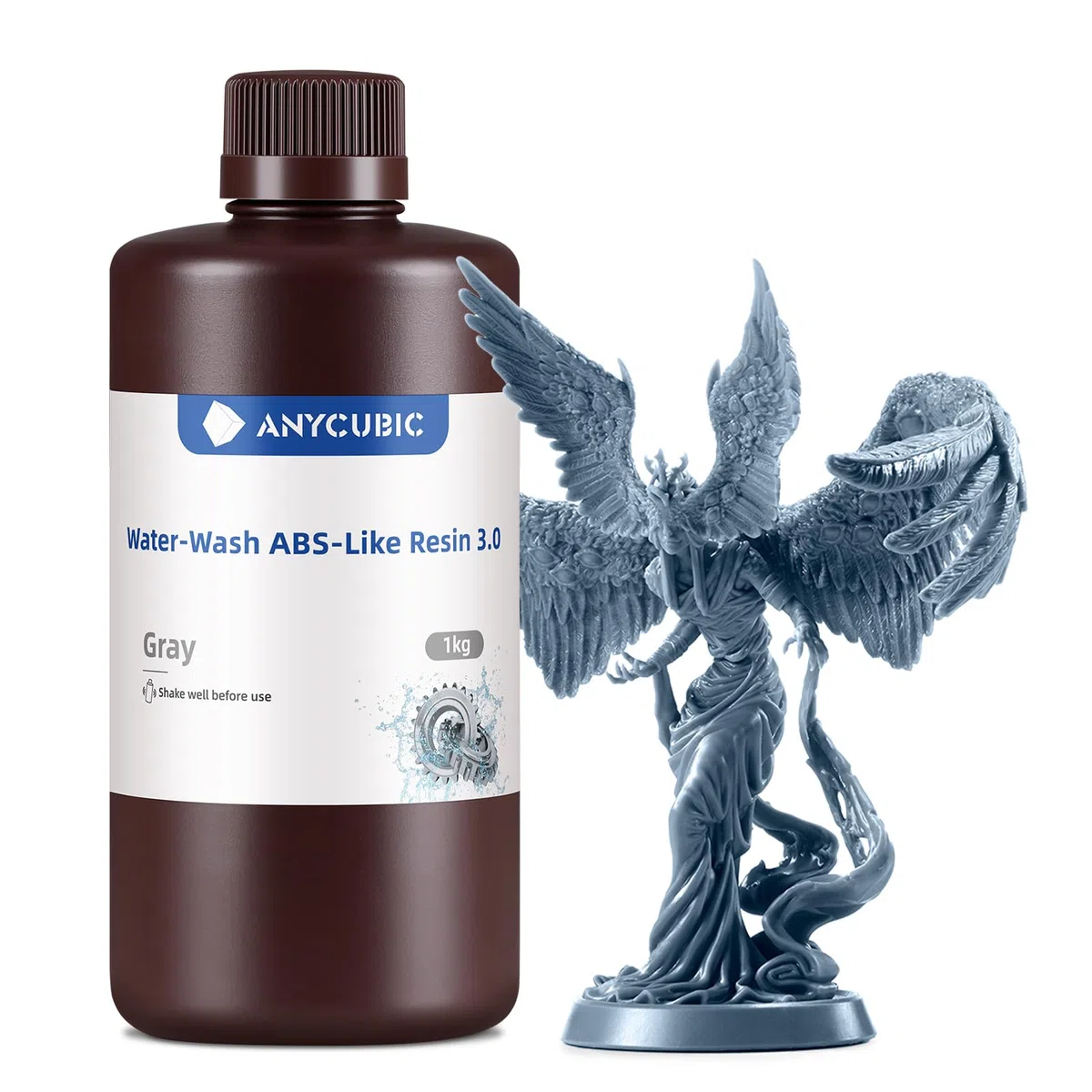 ANYCUBIC Wasser Waschbares ABS-Like Resin 3.0, 3D Drucker Resin Geruchsarm, Hohe Härte und Zähigkeit, 405nm UV-härtendes Harz für alle Resin 3D Drucker, Grau 1000g