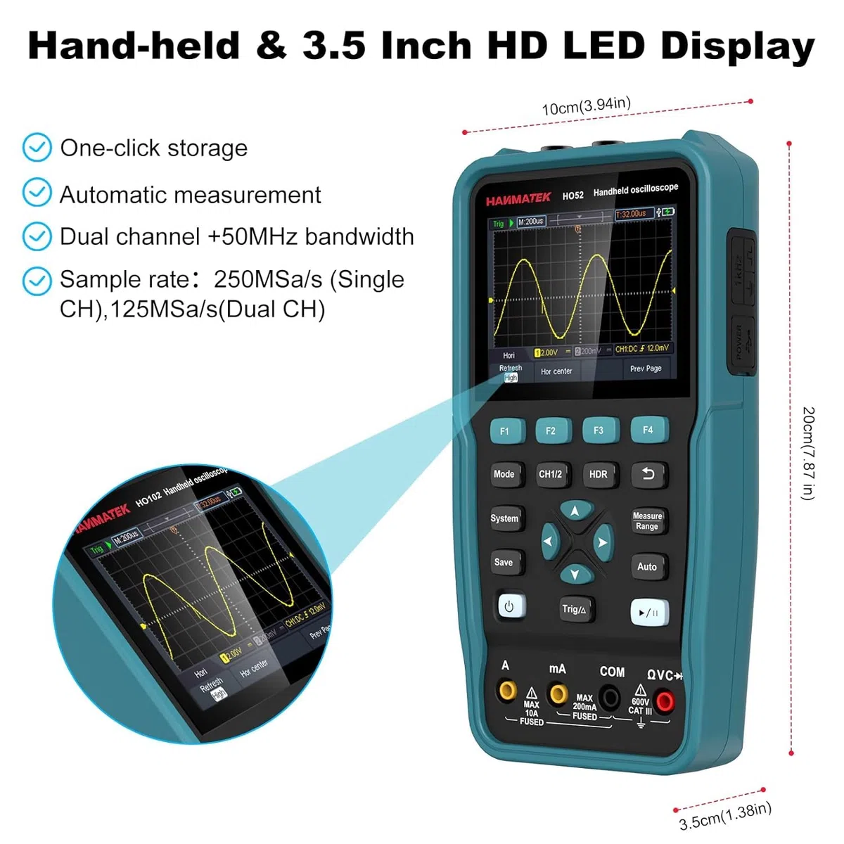 Digitales Oszilloskop,HANMATEK Handheld-Digitaloszilloskop HO52 50Mhz Bandbreite, 2 Kanal 2 in 1 Oszilloskop und Multimeter Mini-Oszilloskop