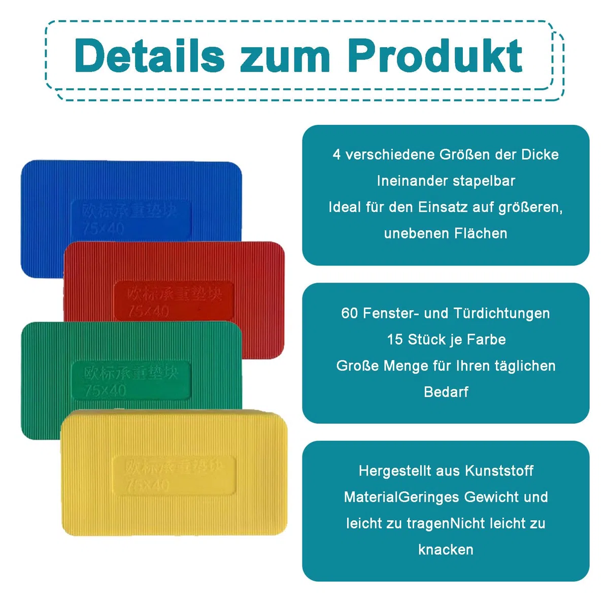 Unterlegplatten Kunststoff, 60 Stück Möbel Nivellierpads Set, 75x40 mm Kunststoff Abstandshalter, 4 Stärke 1,5mm,3mm,5mm,10mm Verglasungsklötze, Abstandhalter Fliesenkeile(Blau, Rot, Grün, Gelb)