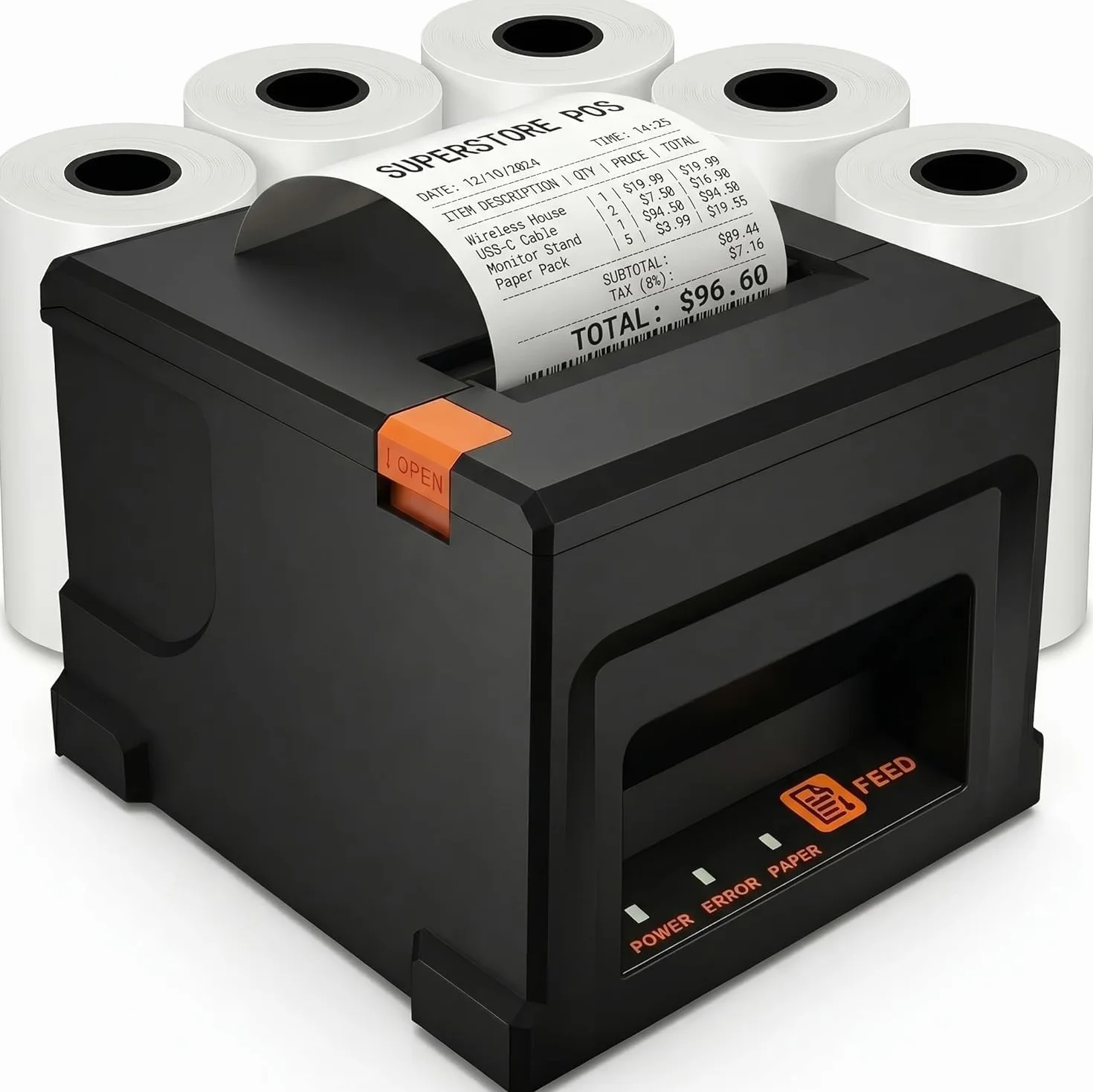 Thermodrucker 80mm Mobiler Einsatz, USB & Bluetooth, 300mm/s, Nur für Windows/Mac, Inkl. 5 Rollen + 58mm Adapter