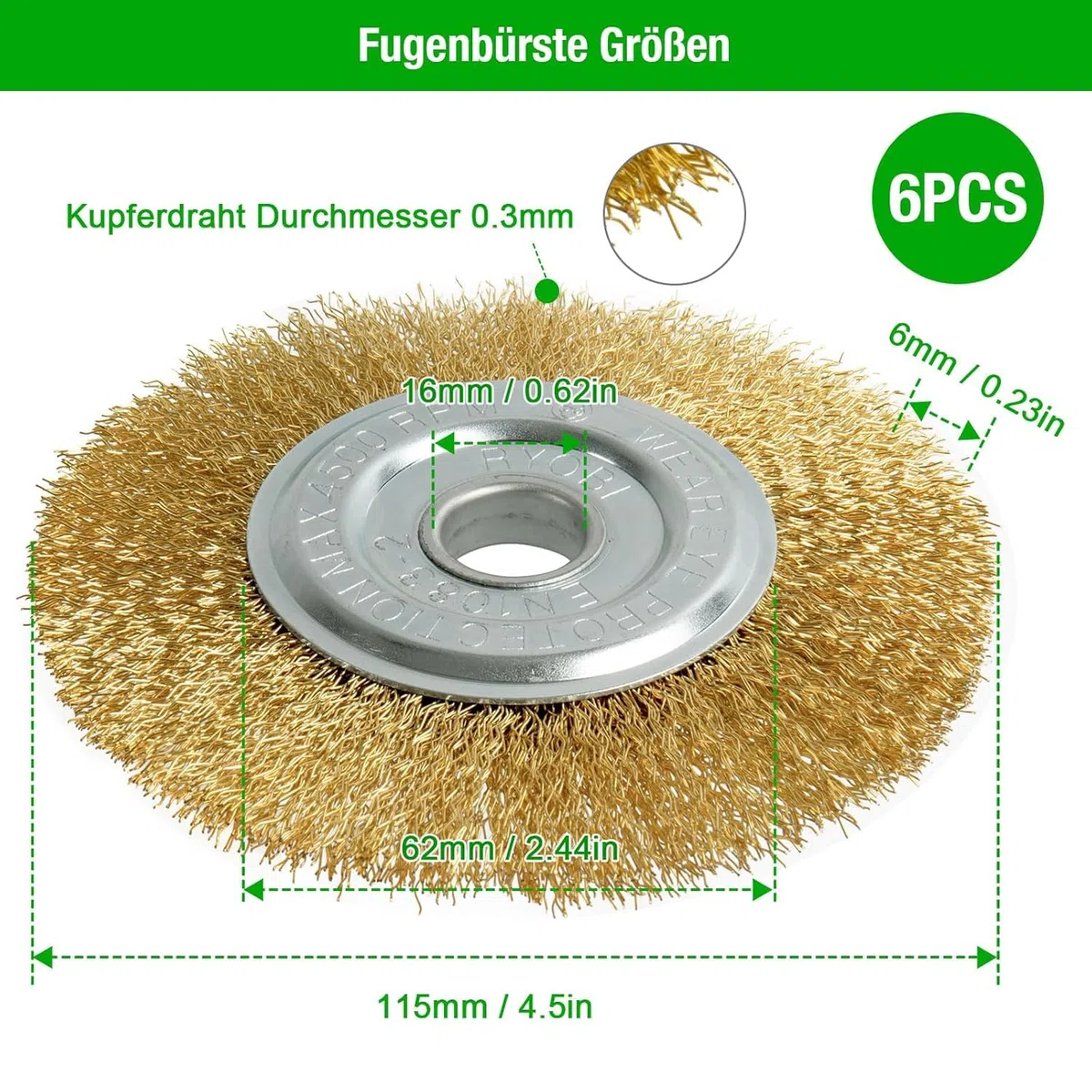 Fugenbürste 6er Set, Kompatibel mit Gloria Multibrush und Anderen Drahtbürsten, 11.5cm Durchmesser - Hochwertige Messingbürste, Garten Weedbrush Zubehör zur Entfernung von Unkraut Moos Steinen