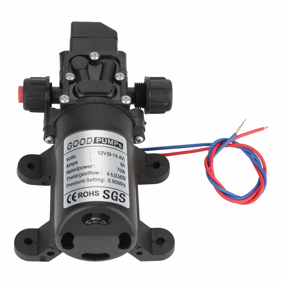 Selbstansaugende Pumpe 12 V, Wasserpumpen DC 12 V, 0,9 MPa, 6 l/min, 70 W, Hochdruckmembran, Garten, Landwirtschaft, Bewässerung, Schlauch für Wohnwagen Camping Boot