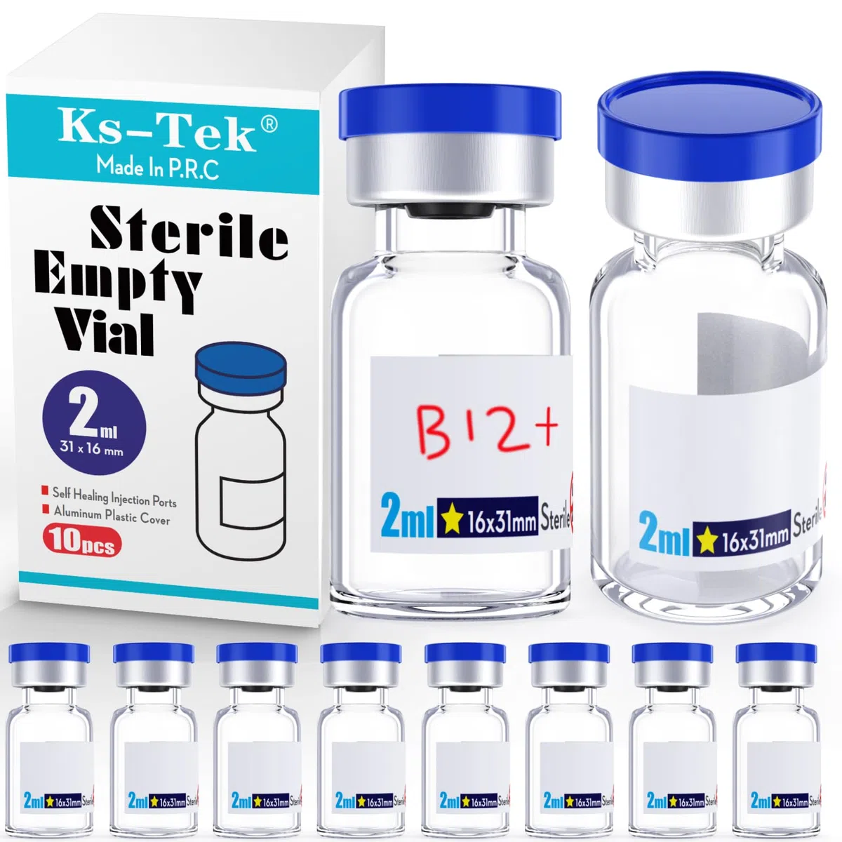 Ks-Tek Sterile leere Ampullen mit selbstheilendem Einspritzanschluss, mit Aluminium-Kunststoffkappe, steriles Paket (2 ml klar, 10)