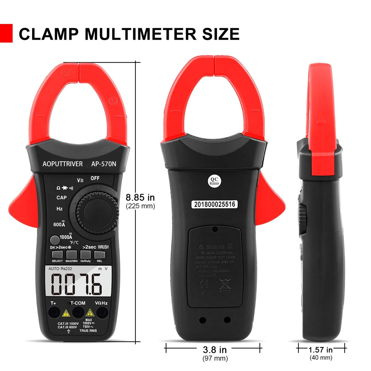 Clamp Meter AP-570N TRMS 6000 Counts Strommesszange AC DC-Strommesszange mit automatischer Reichweite, Widerstand, Kappe, Hz, Einschaltdauer, Temperatur, Einschaltstromtest