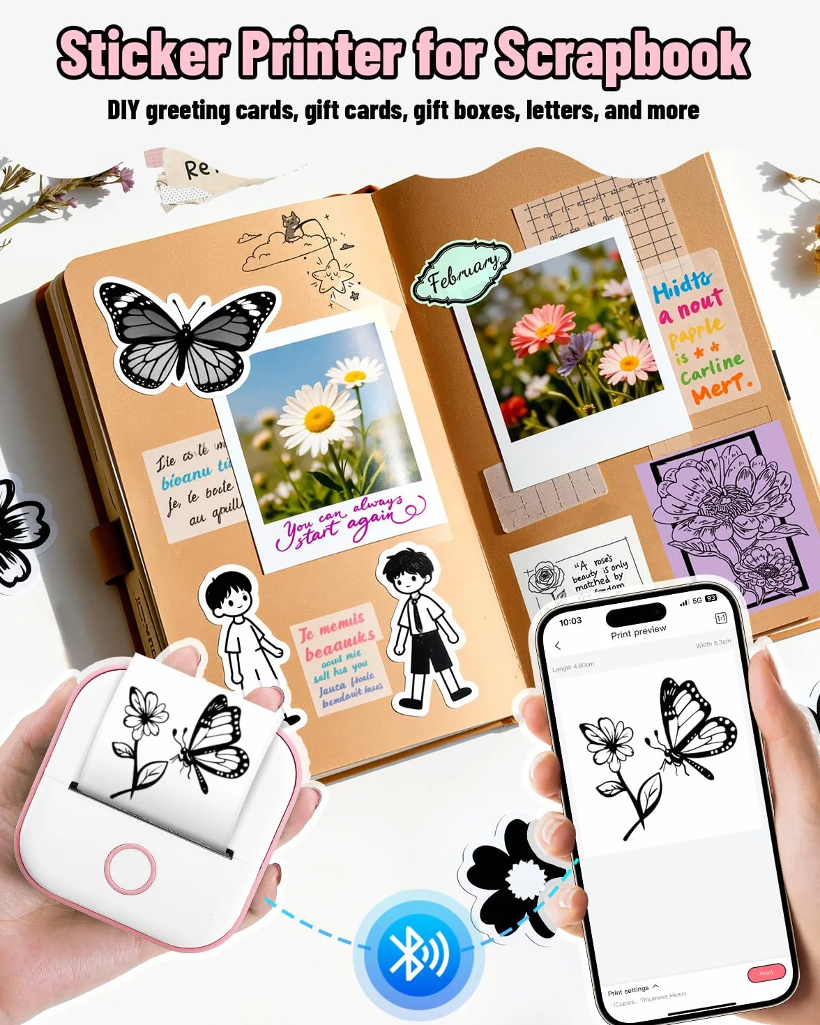 Phomemo Mini Drucker, T02 Mini Drucker für Smartphone Tragbarer Etikettendrucker mit KI-gestützter App, Thermodrucker für Studiennotizen, Tagebuch, DIY und Geschenke, Kompatibel mit iOS & Android
