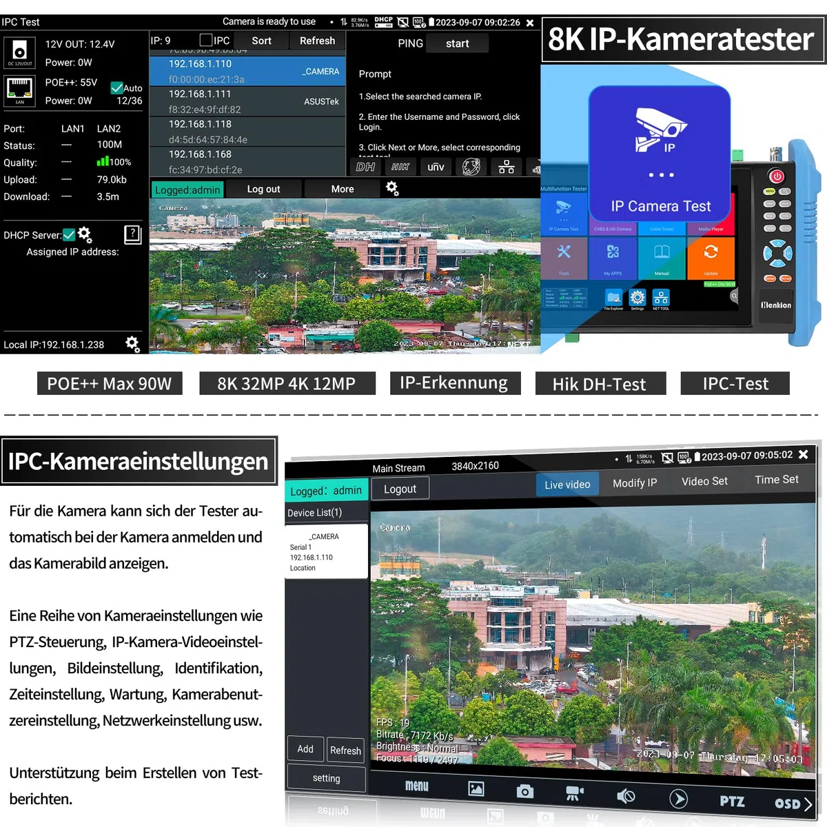 Henkion CCTV Kamera Tester, 8K 32MP 4K 12MP IP Kameratester mit POE++ 90W, 7" IPS Touchscreen Kabel Tester Netzwerk Tools Unterstützung 1CH SFP Schnittstelle IPC Tester IPC-9800CPro mit Kabelverfolger