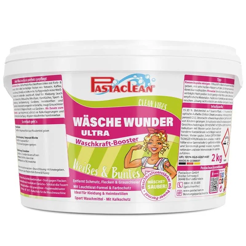 Pastaclean Wäsche Wunder Ultra (2 kg) Kraftvoller Waschkraftverstärker mit extra Flecklösekraft für Weiß- & Buntwäsche, Entfernt hartnäckige Flecken & neutralisiert Gerüche