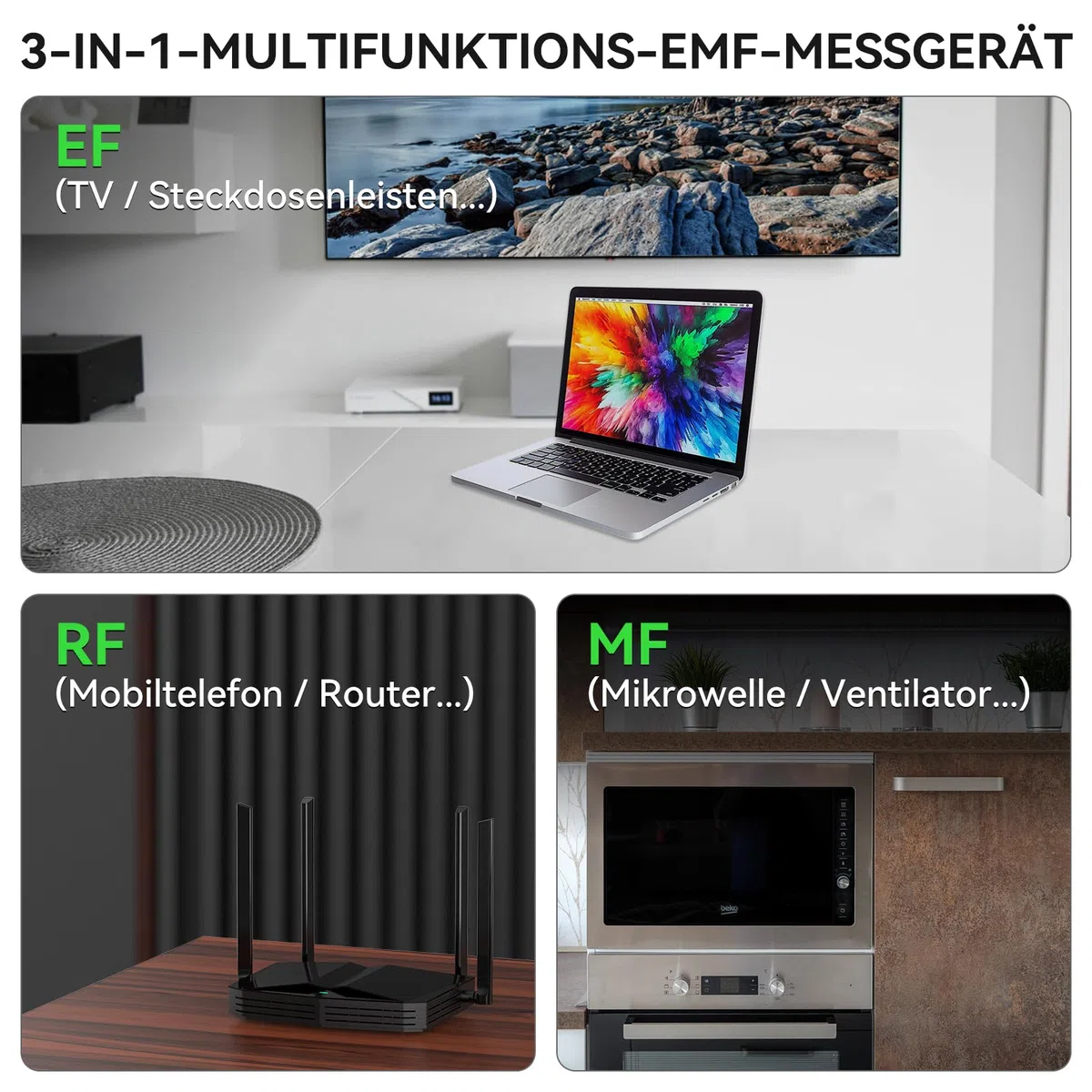 EMF Messgerät Elektrosmog Strahlenmessgerät – Tragbarer EMF Detektor mit 3-Farben LCD, Wiederaufladbar für Zuhause, Büro & Outdoor