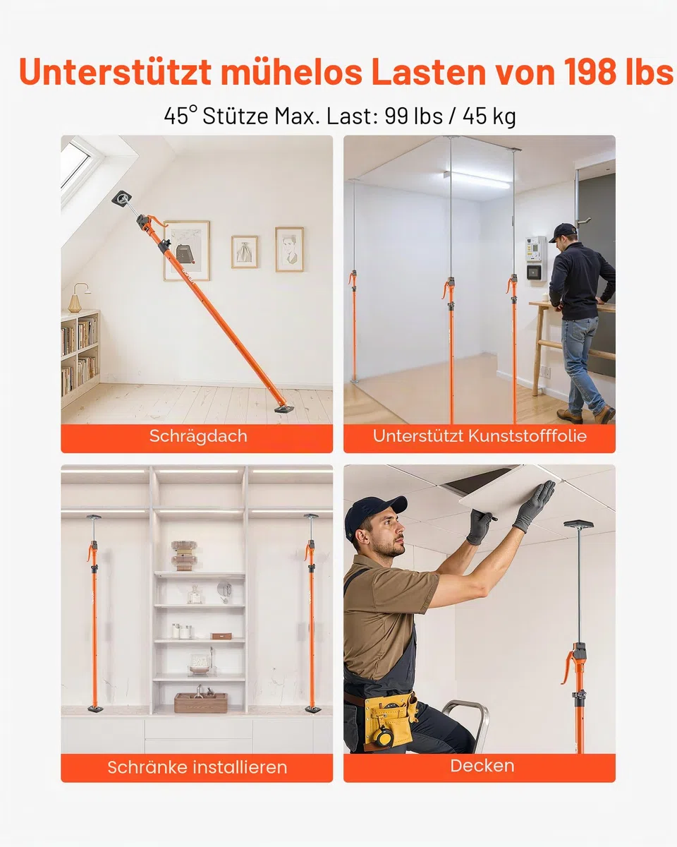 VEVOR Einhandstütze, 4 Stk., Deckenstütze 125–291cm, Teleskopstütze aus Stahl, Montagestütze bis zu 90kg Kapazität zum Installieren von Schränken, Anheben von Trockenbauwänden, Frachtstangen