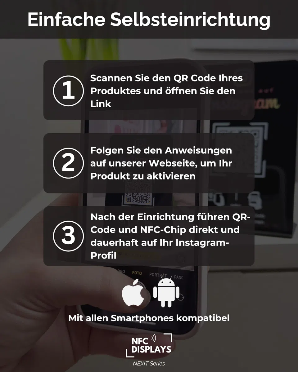 Aufsteller für Instagram mit QR-Code und NFC-Chip (Englisch) 16,5 x 10,5cm - schwarz