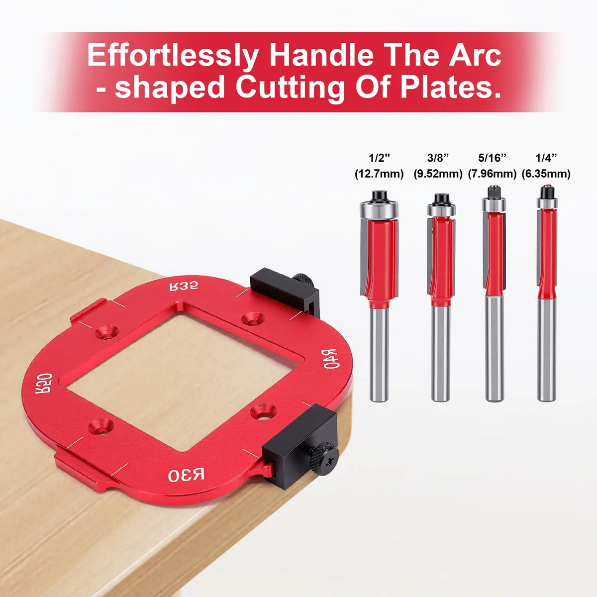 Frässchablone für Oberfräse, 2 Stück Radius Jig Router Schablone, Aluminiumlegierung Ecke Radius Schablone mit 4 Bündigfräser für Holzbearbeitung R10 R15 R20 R25 R30 R35 R40 R50
