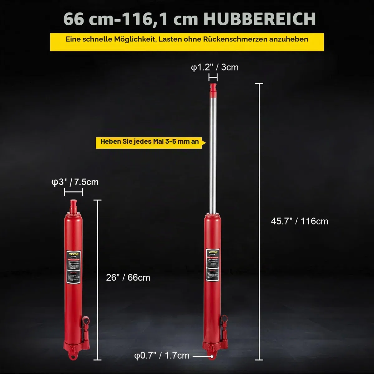 VEVOR Hydraulischer Langer Rammenheber, 8 Tonnen/17363 lbs Kapazität, mit Einzelkolbenpumpe und Gabelkopfsockel, manueller Hubarbeitsbühnenheber mit Griff, für Garagen-/Ladenkräne, Motorhubwerk, rot