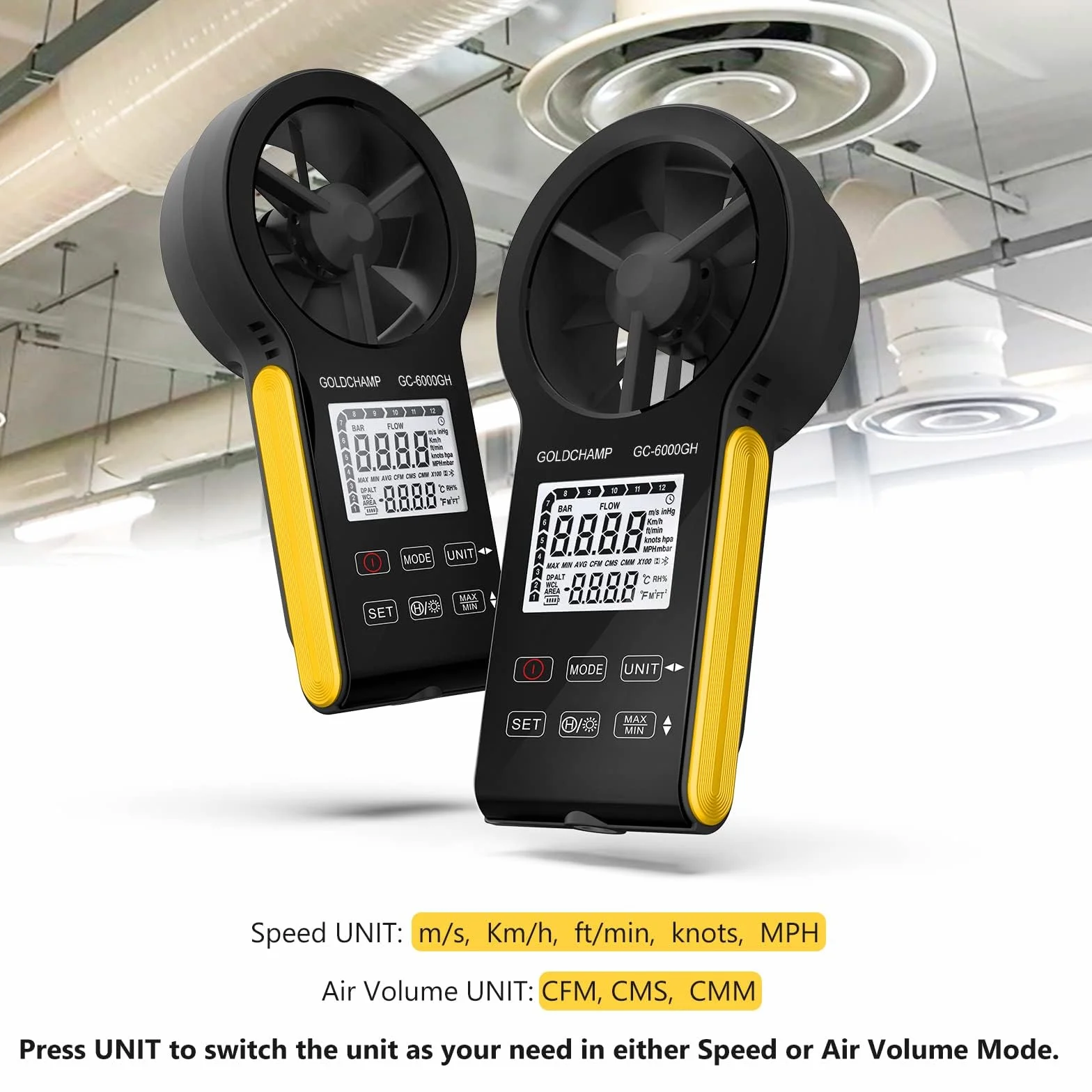Digitales Anemometer, CFM Wiederaufladbar & Wasserdichtes Anemometer Misst Windgeschwindigkeit(0.3~30m/s), Luftvolumen(0-999900 ft3/min) Touchscreen, Hintergrundbeleuchtung Display für HVAC, Schießen