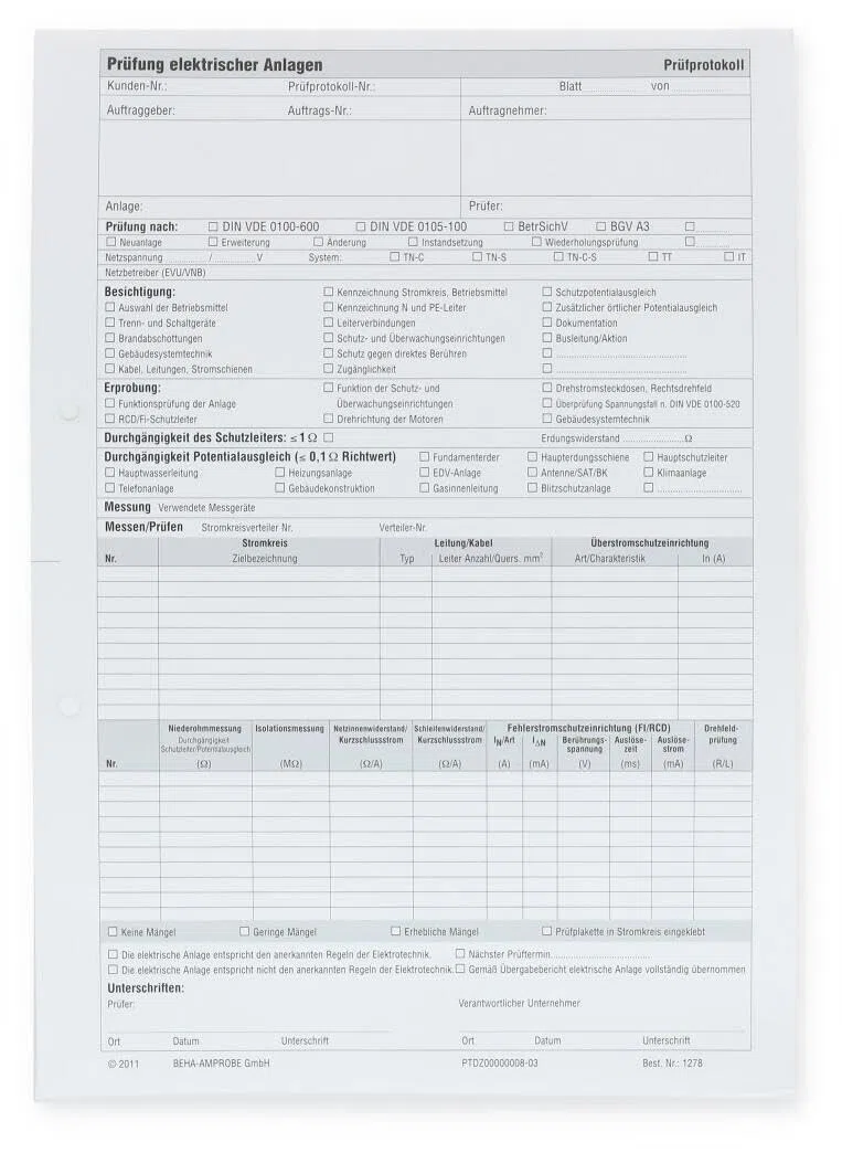 Beha-Amprobe Prüfprotokollblock nach DIN VDE 0100 FTC00001278D