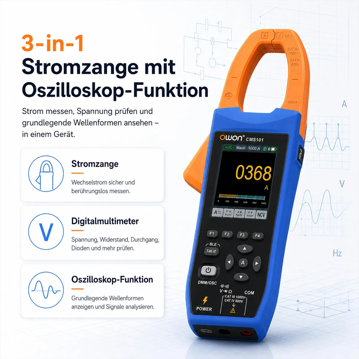 CMS101 3-in-1 AC/DC Stromzange mit Oszilloskop, True RMS, 1000A/1000V, 5MSa/s Wellenformanzeige, Bluetooth-Logging, Einschaltstrom, 20.000 Zählwerte, wiederaufladbar für Elektro-, HLK- und Kfz-Diagnos